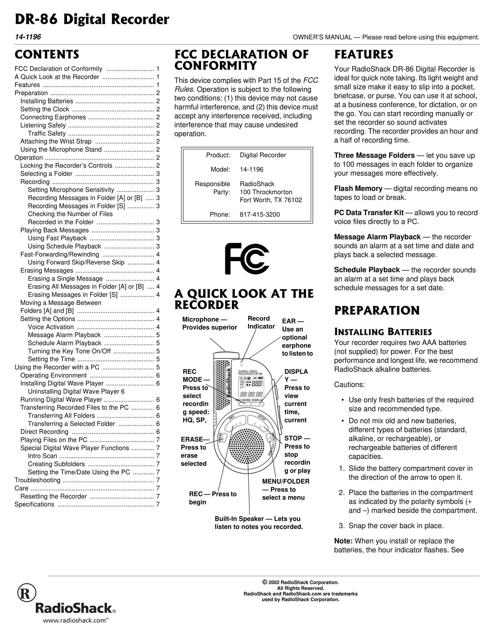 Samsung 14-1196 Microcassette Recorder User Manual