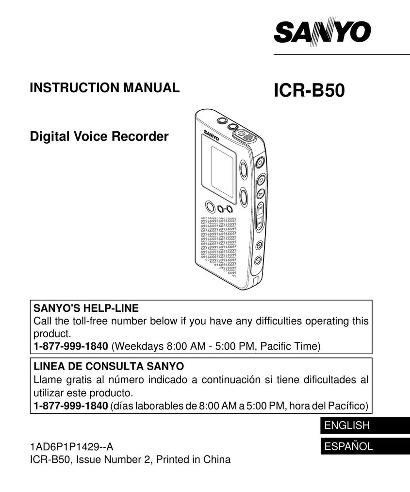 Sanyo ICR-B50 Microcassette Recorder User Manual