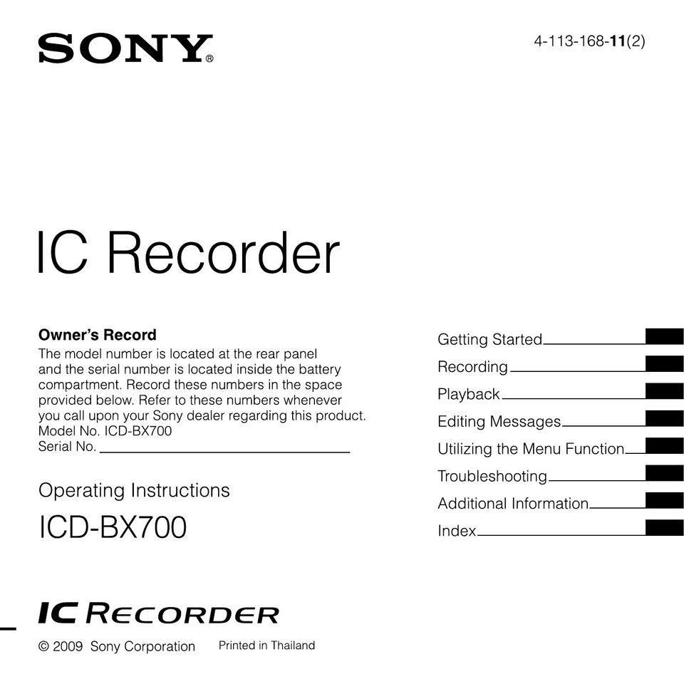 Sony 4-113-168-11(2) Microcassette Recorder User Manual