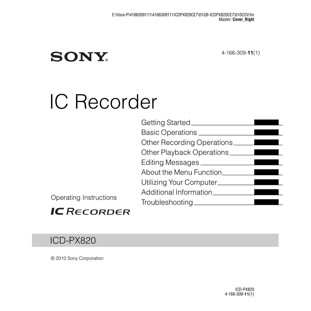 Sony 4-166-309-11(1) Microcassette Recorder User Manual