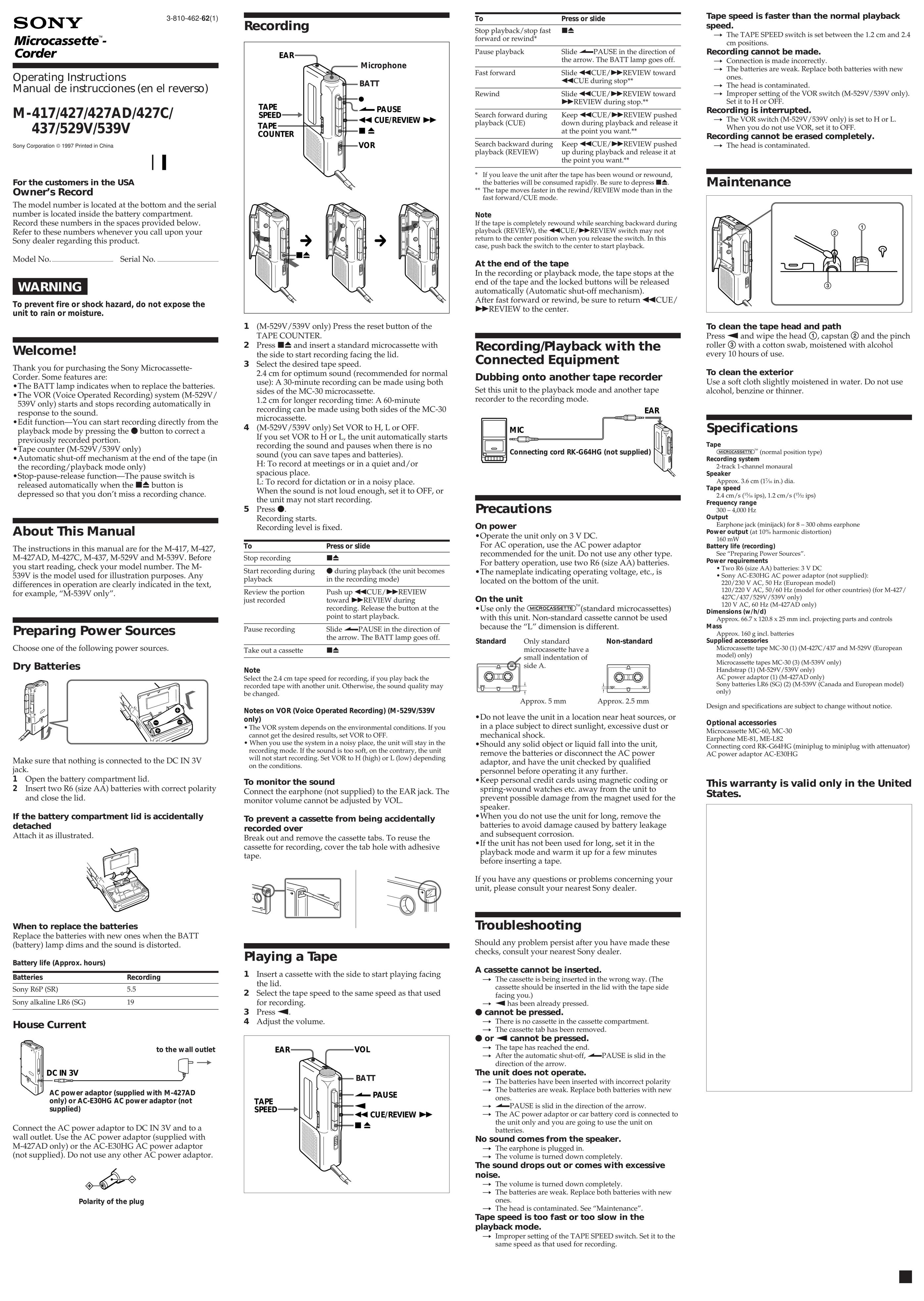 Sony 539V Microcassette Recorder User Manual