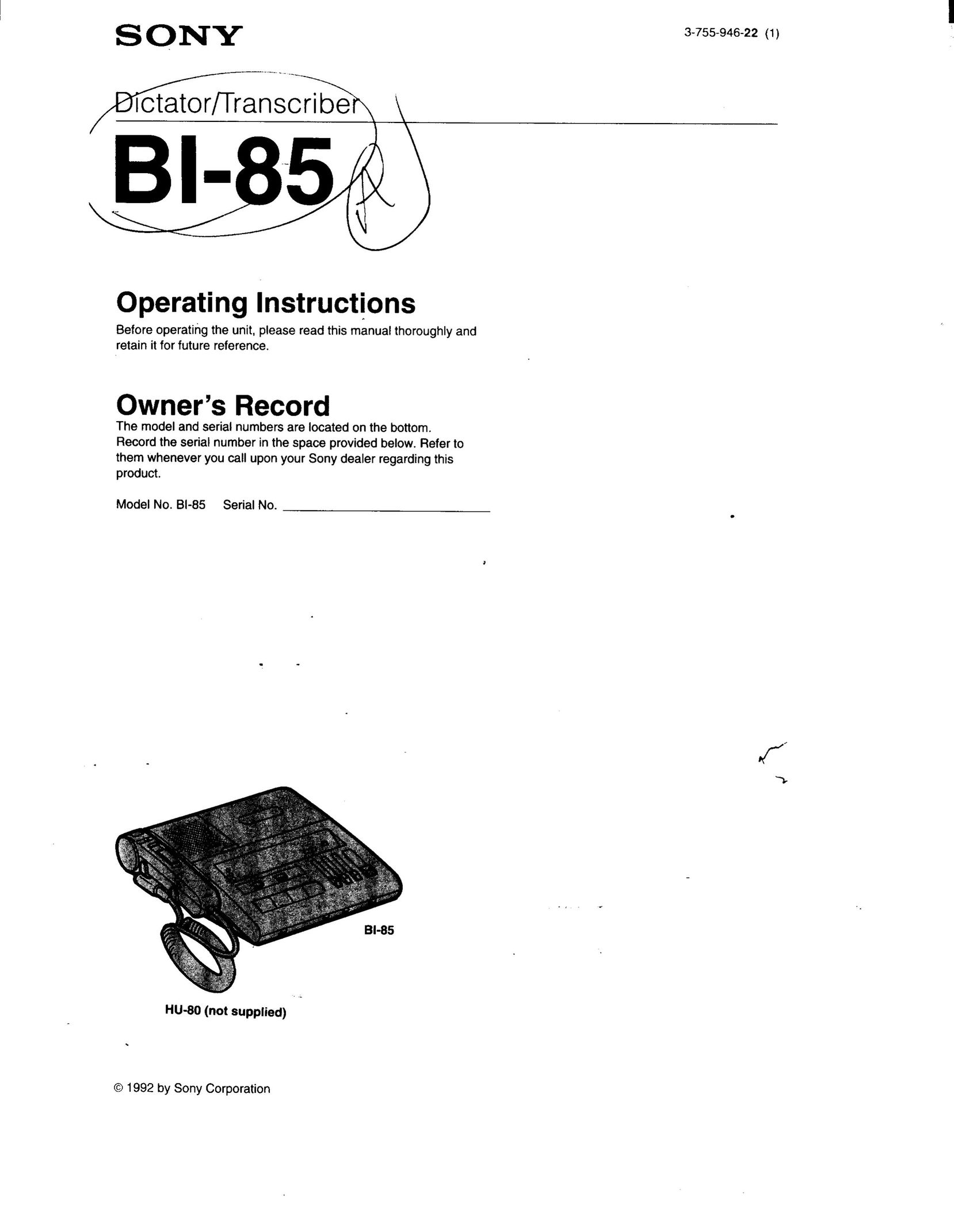 Sony BI-85 Microcassette Recorder User Manual