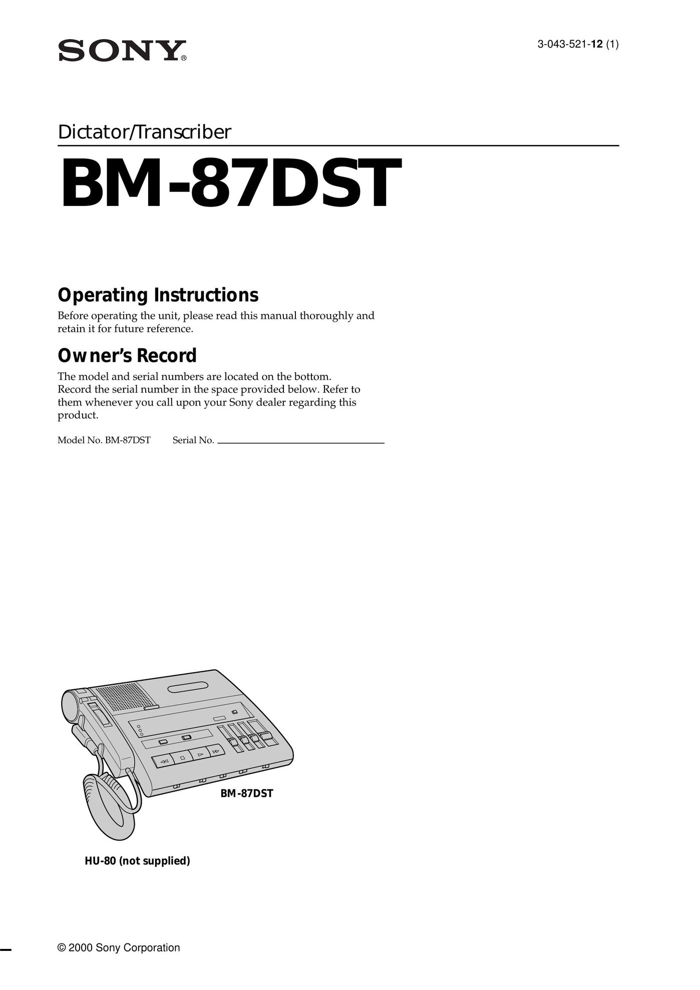 Sony BM-87DS Microcassette Recorder User Manual