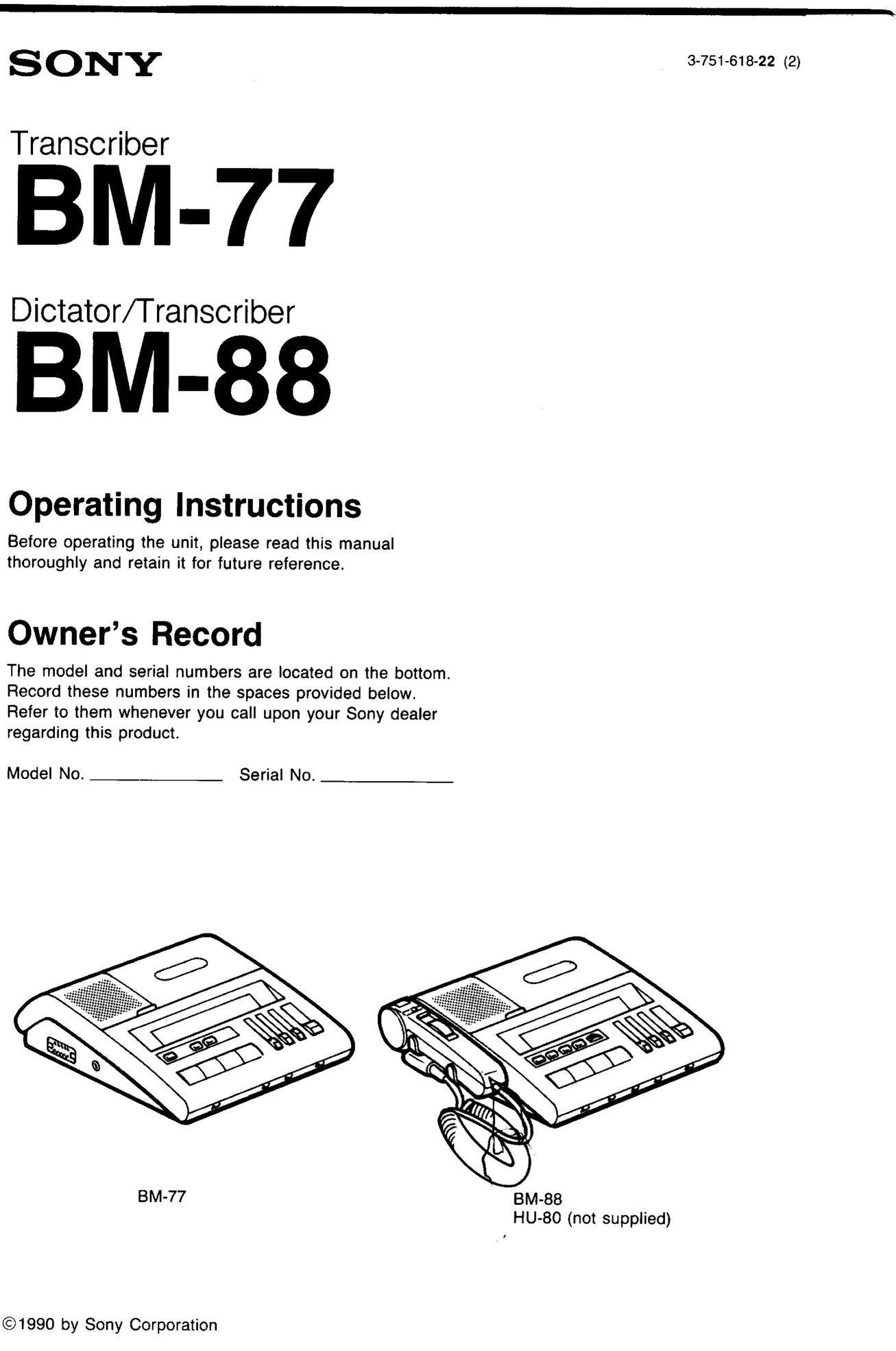 Sony BM-88 Microcassette Recorder User Manual