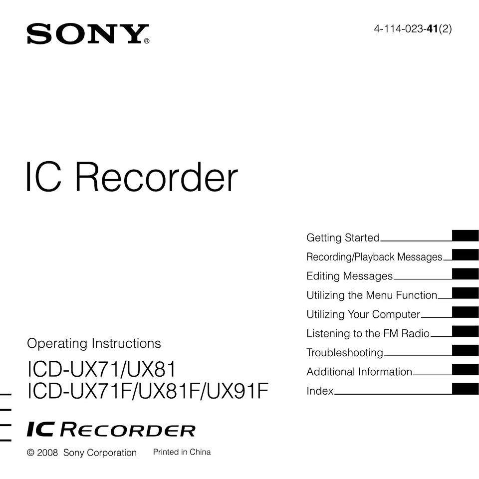 Sony CD-UX71 Microcassette Recorder User Manual