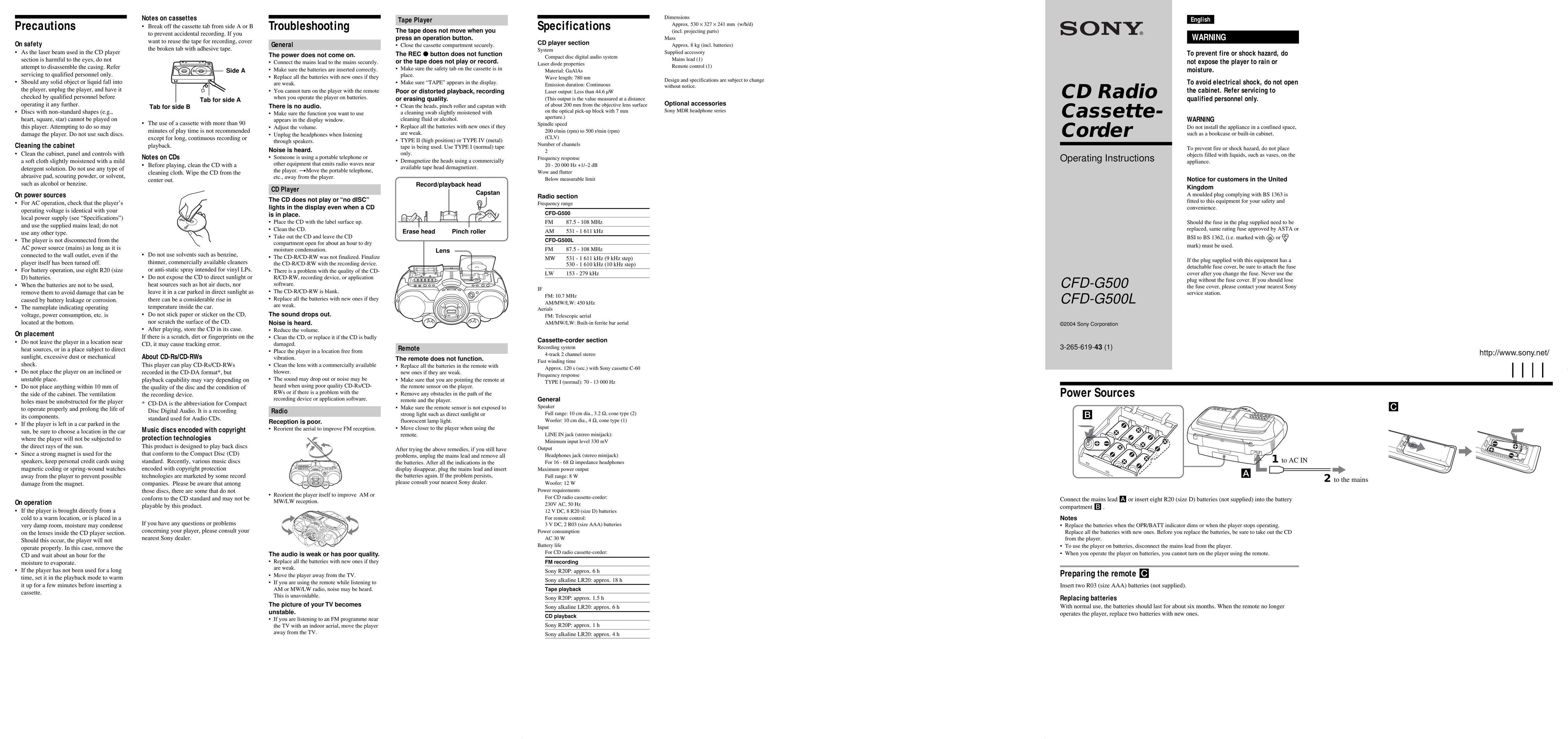 Sony CFD-G500L Microcassette Recorder User Manual