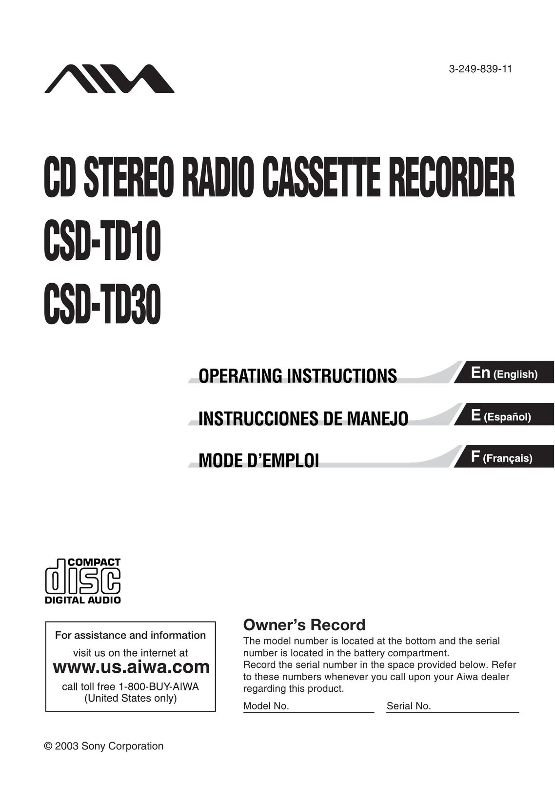 Sony CSD-TD10 Microcassette Recorder User Manual