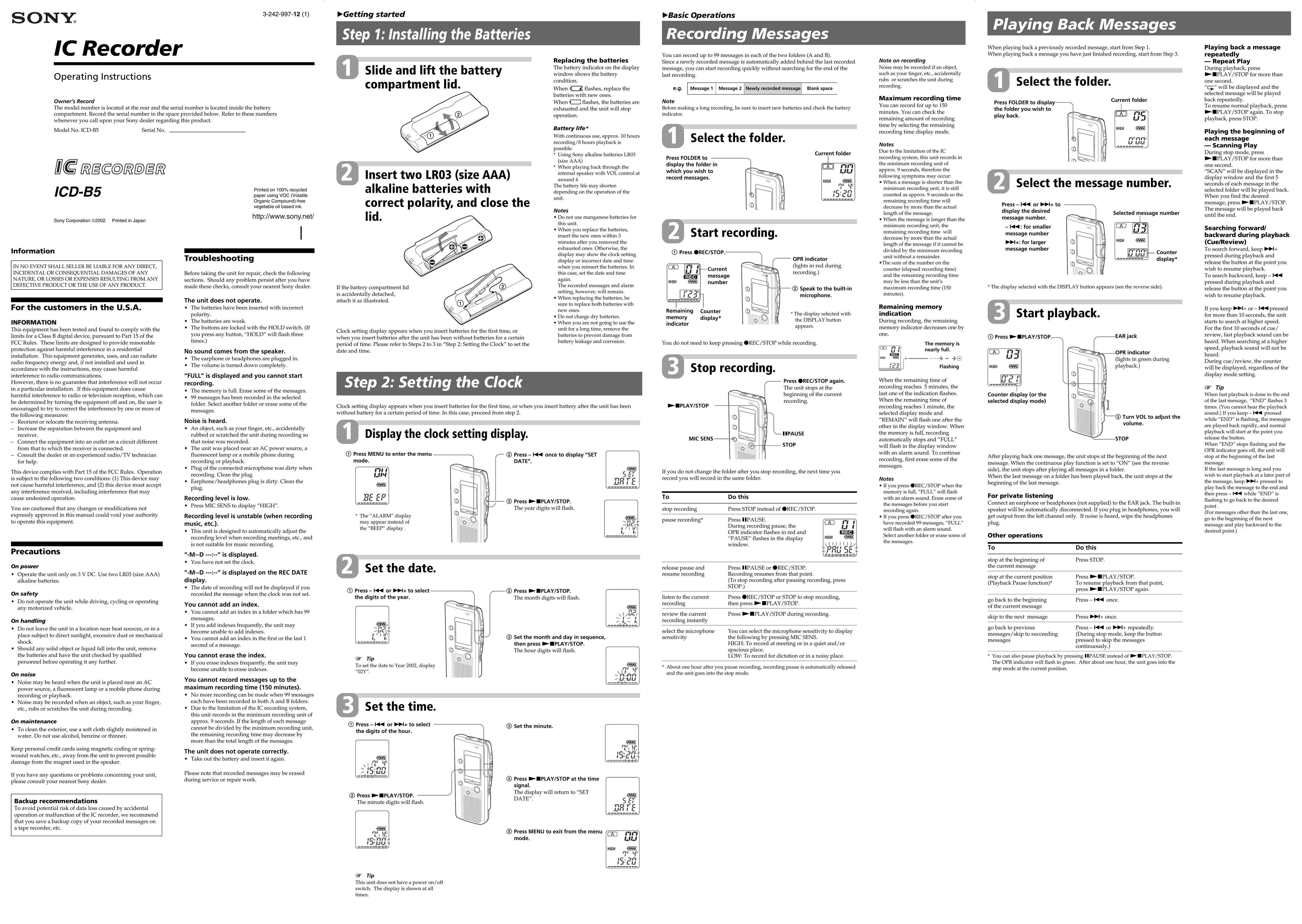 Sony ICD-B5 Microcassette Recorder User Manual