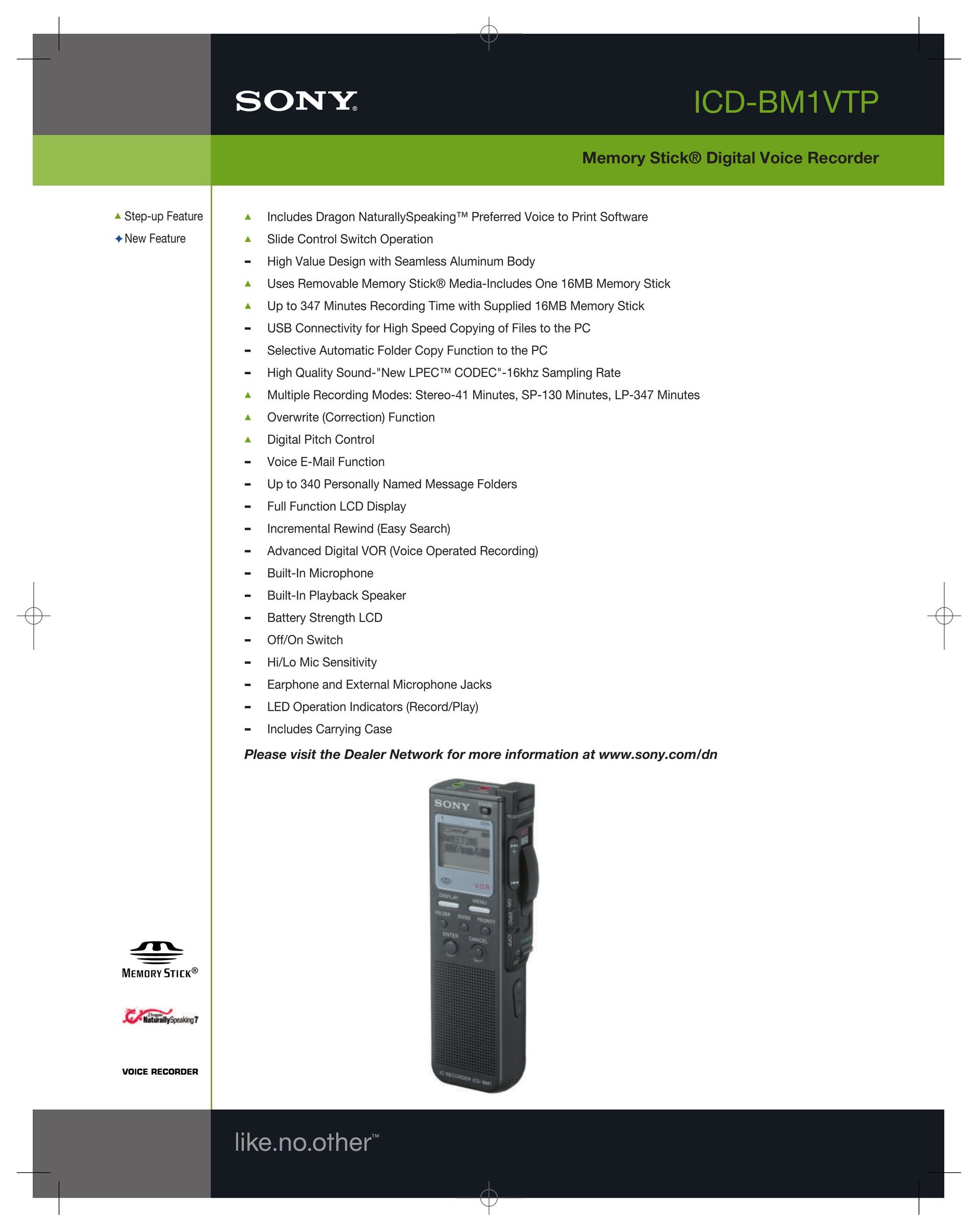 Sony ICD-BM1VTP Microcassette Recorder User Manual