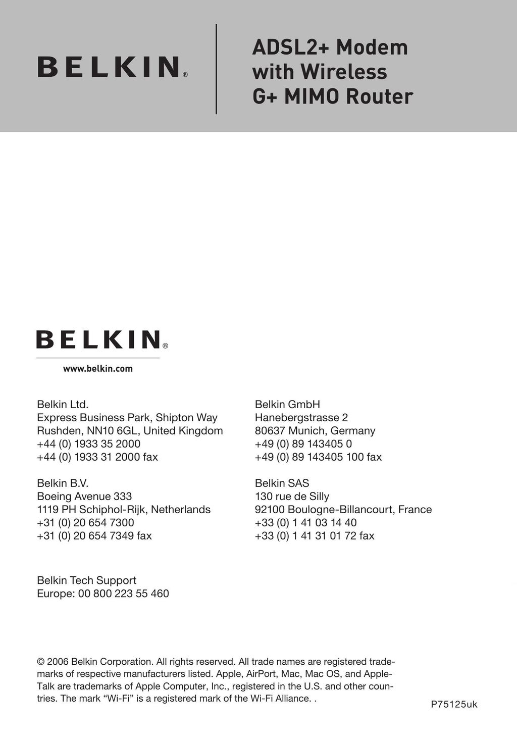 Belkin P75125UK Modem User Manual