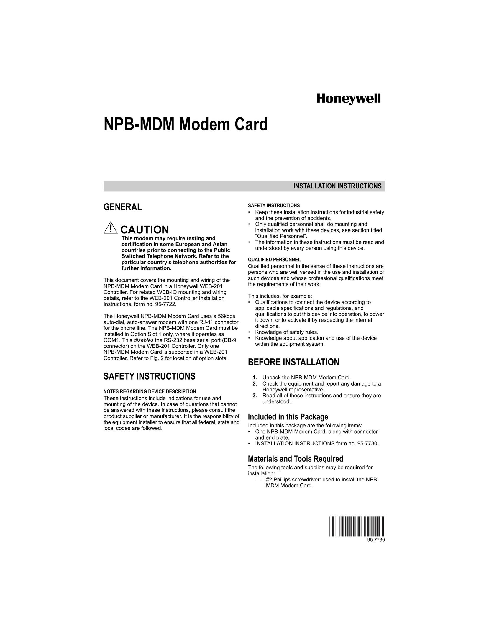 Honeywell NPB-MDM Modem User Manual