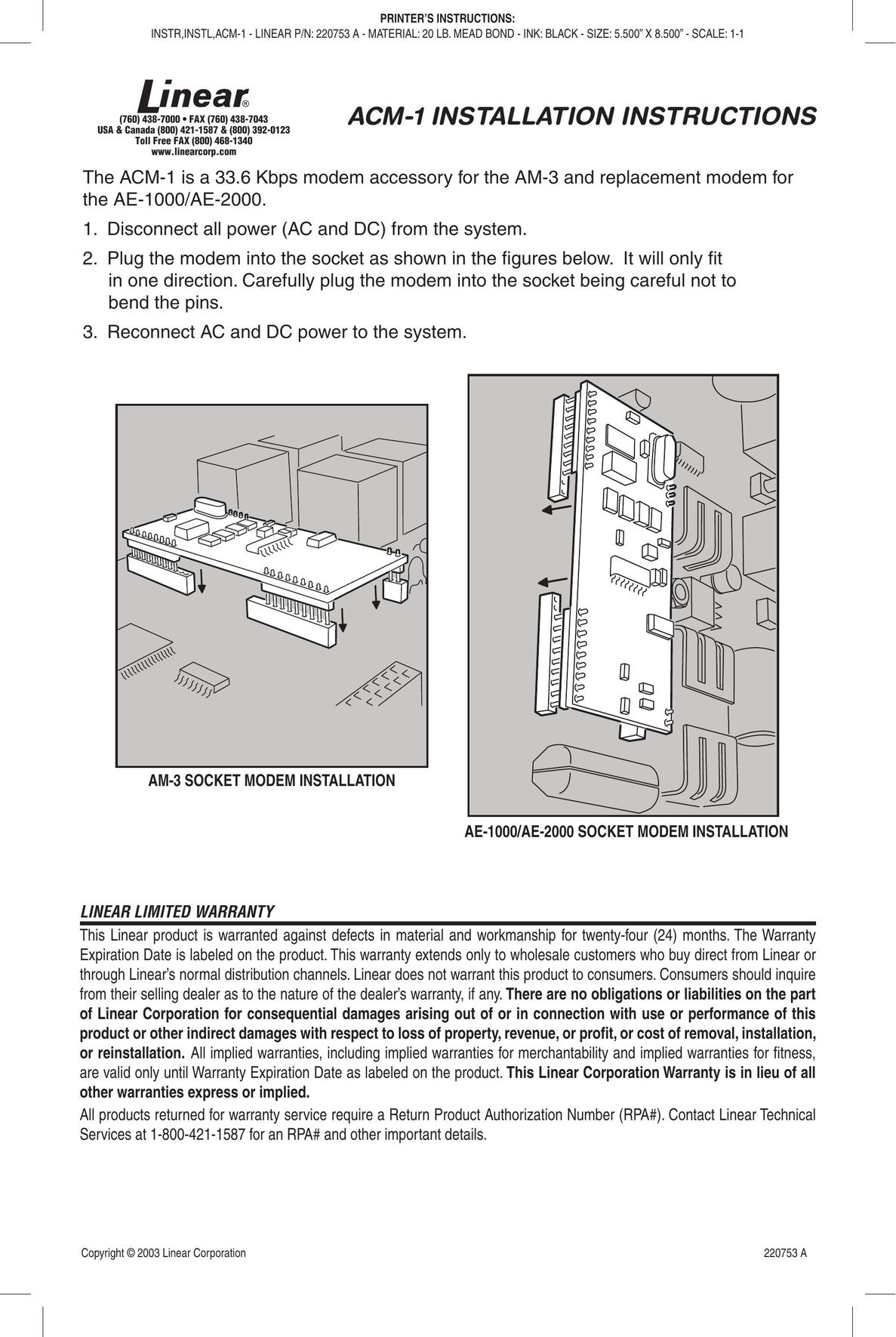 Linear ACM-1 Modem User Manual