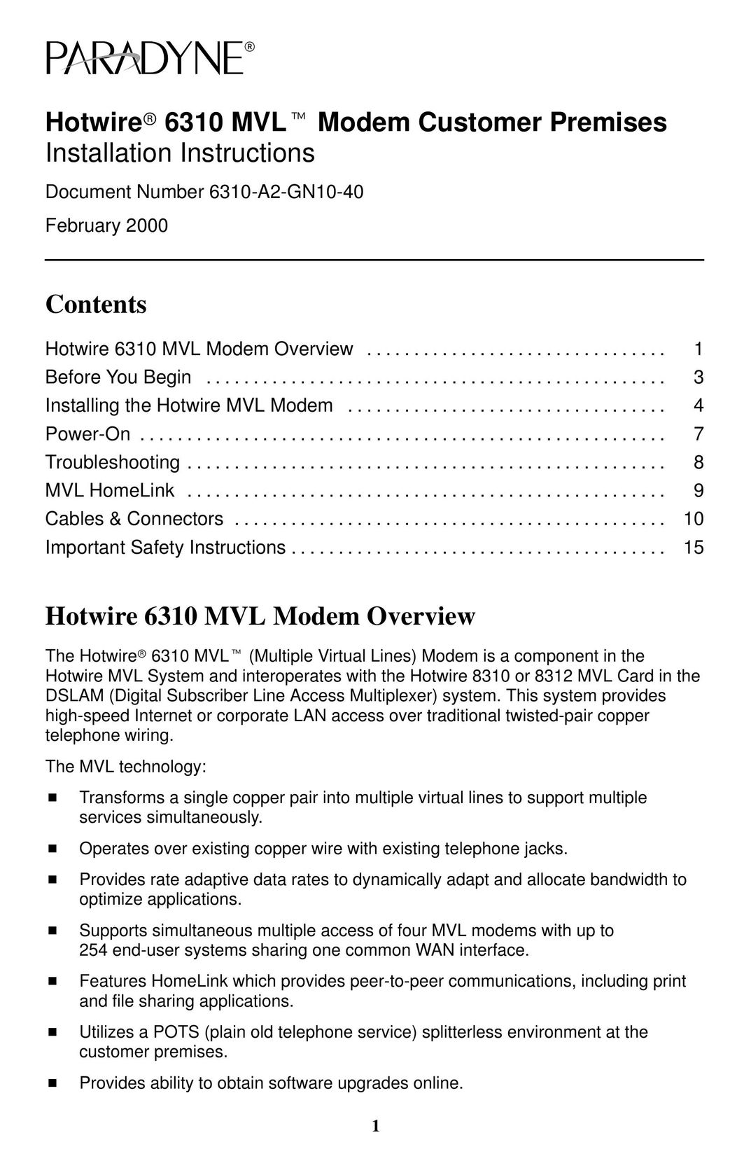 Paradyne 6310 MVLT Modem User Manual
