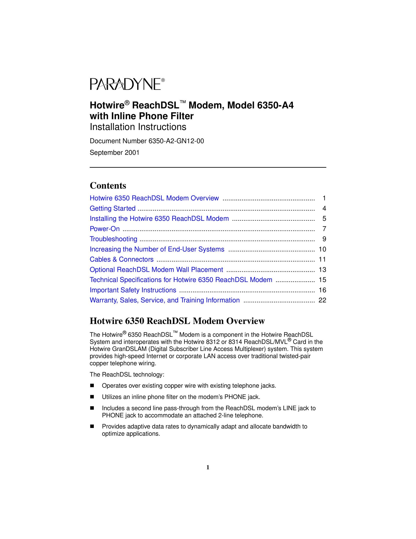 Paradyne 6350-A4 Modem User Manual