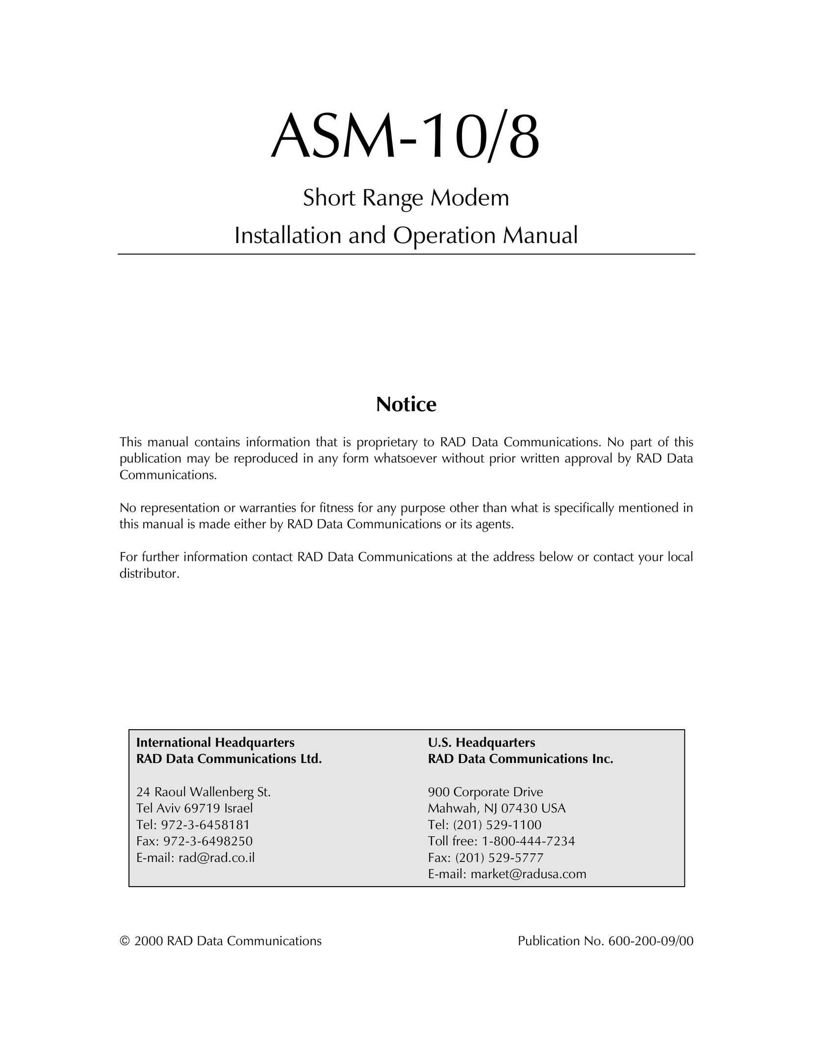 RAD Data comm ASM-10/8 Modem User Manual