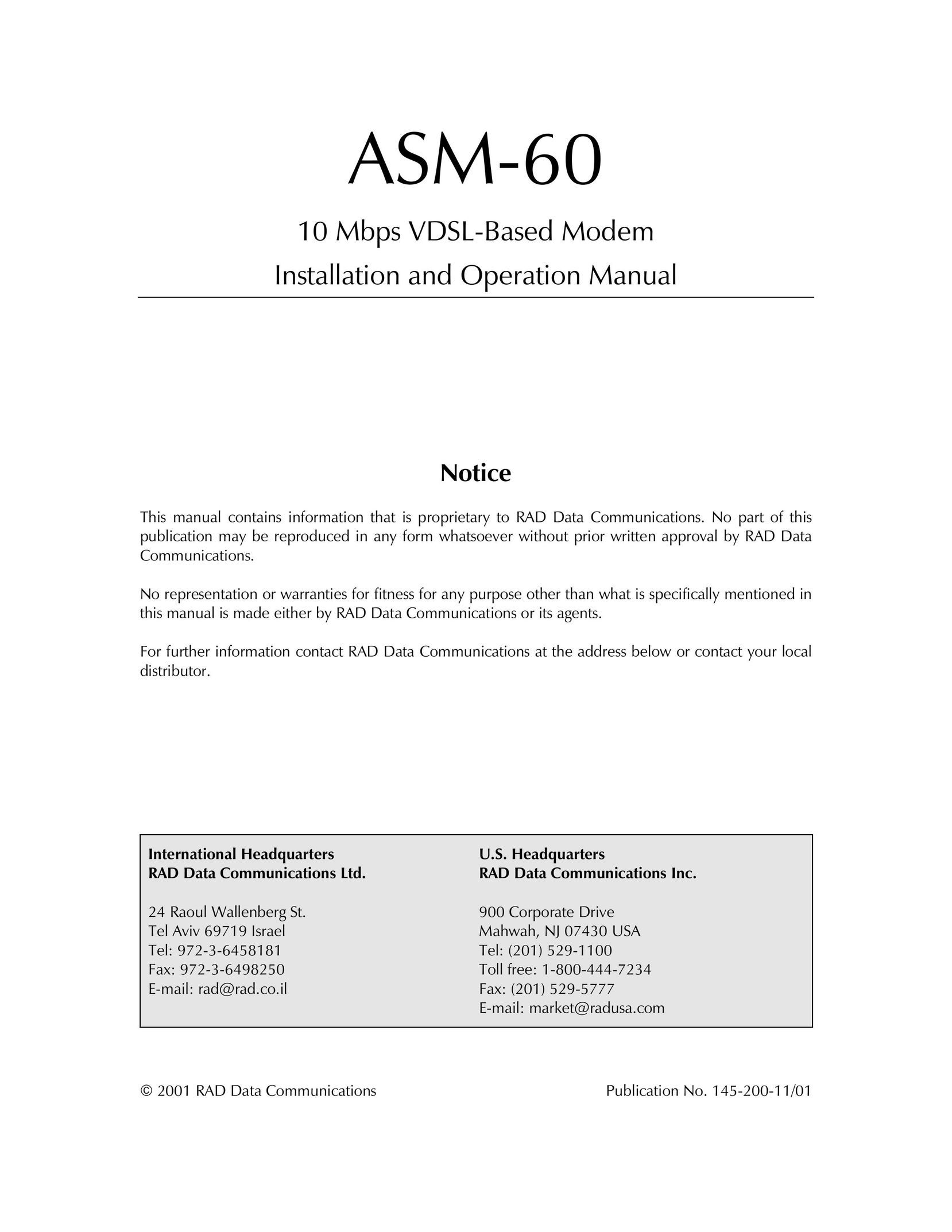 RAD Data comm ASM-60 Modem User Manual