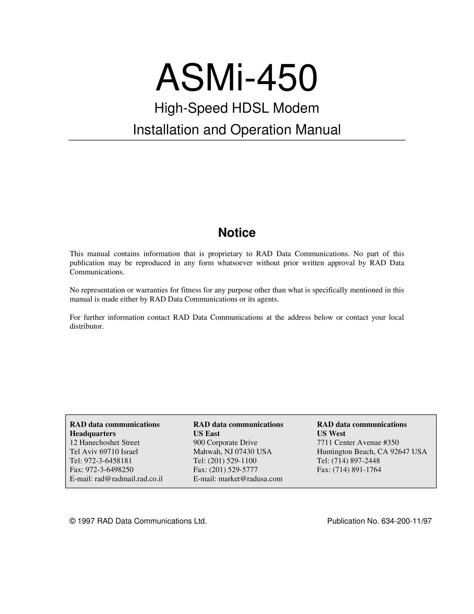 RAD Data comm ASMI-450 Modem User Manual