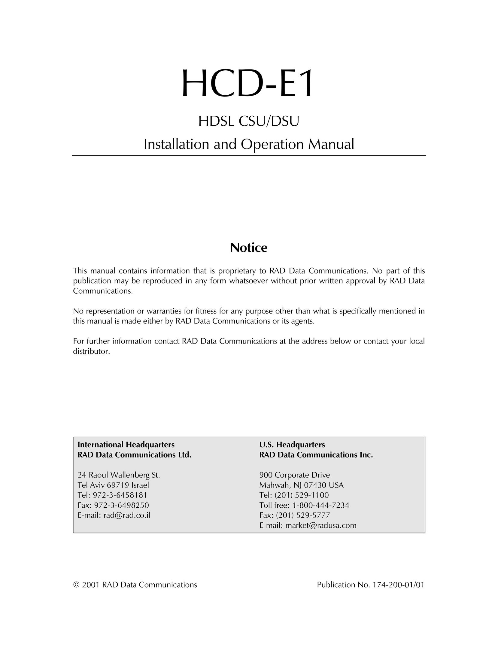 RAD Data comm HCD-E1 Modem User Manual
