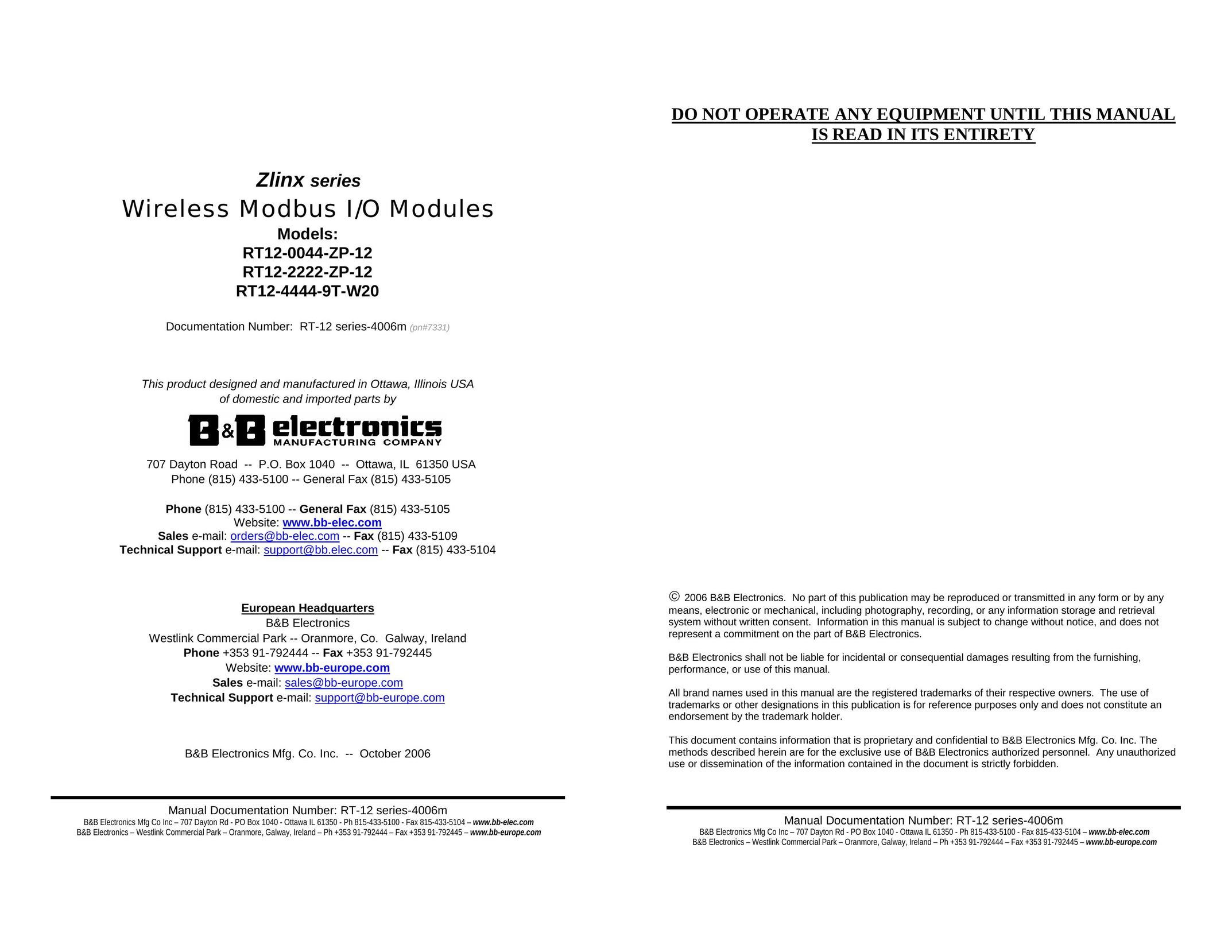 B&B Electronics RT12-4444-9T-W20 Mouse User Manual