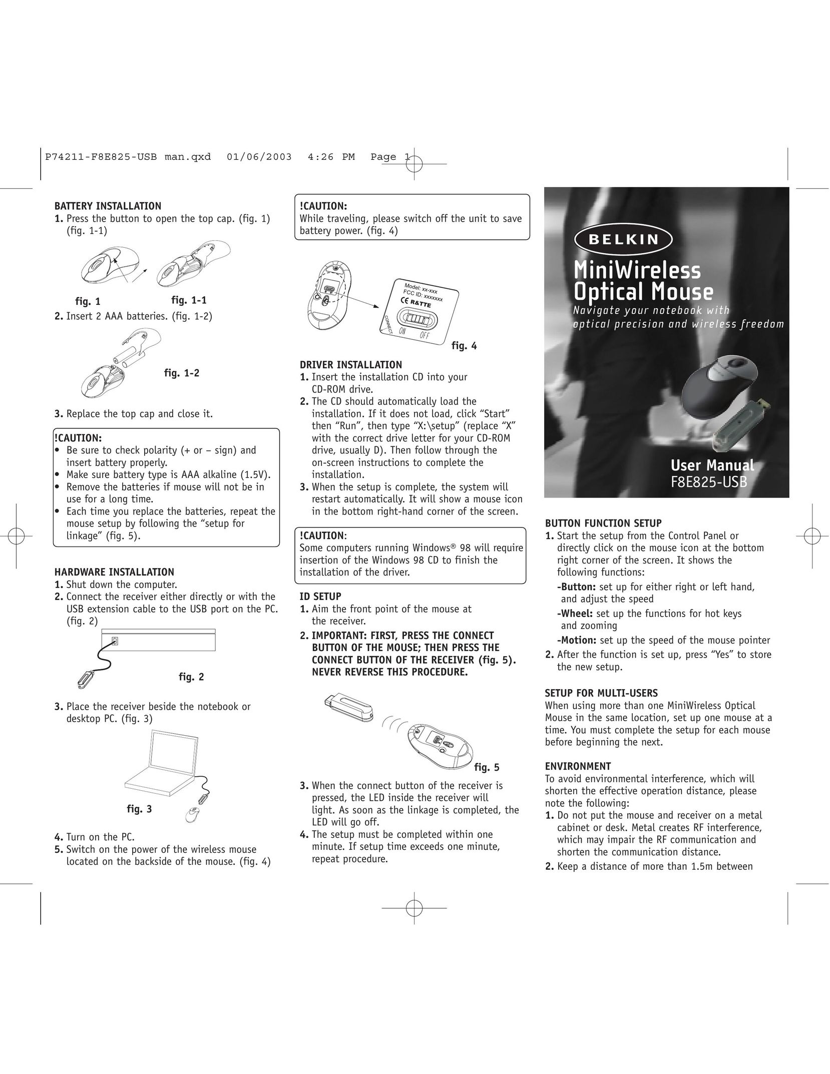 Belkin F8E825-USB Mouse User Manual