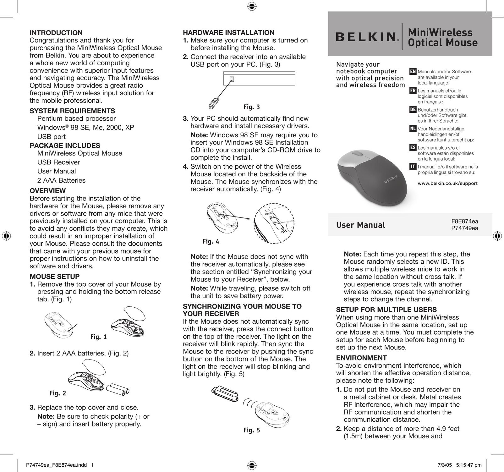 Belkin F8E874EA Mouse User Manual