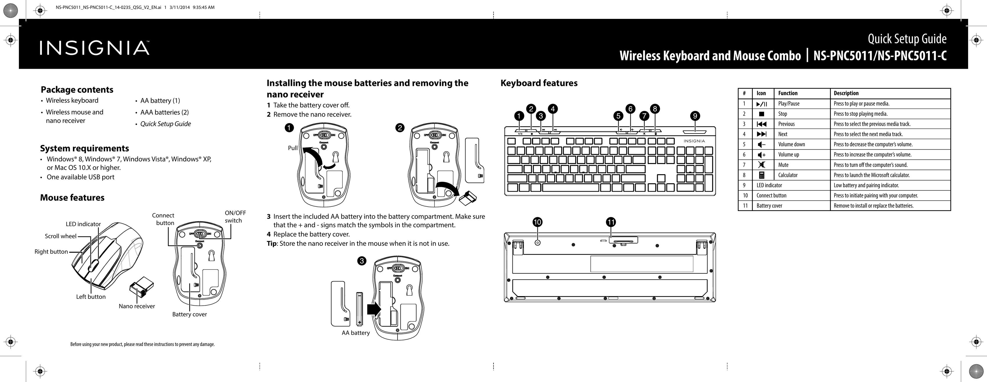 Insignia NS-PNC5011 Mouse User Manual