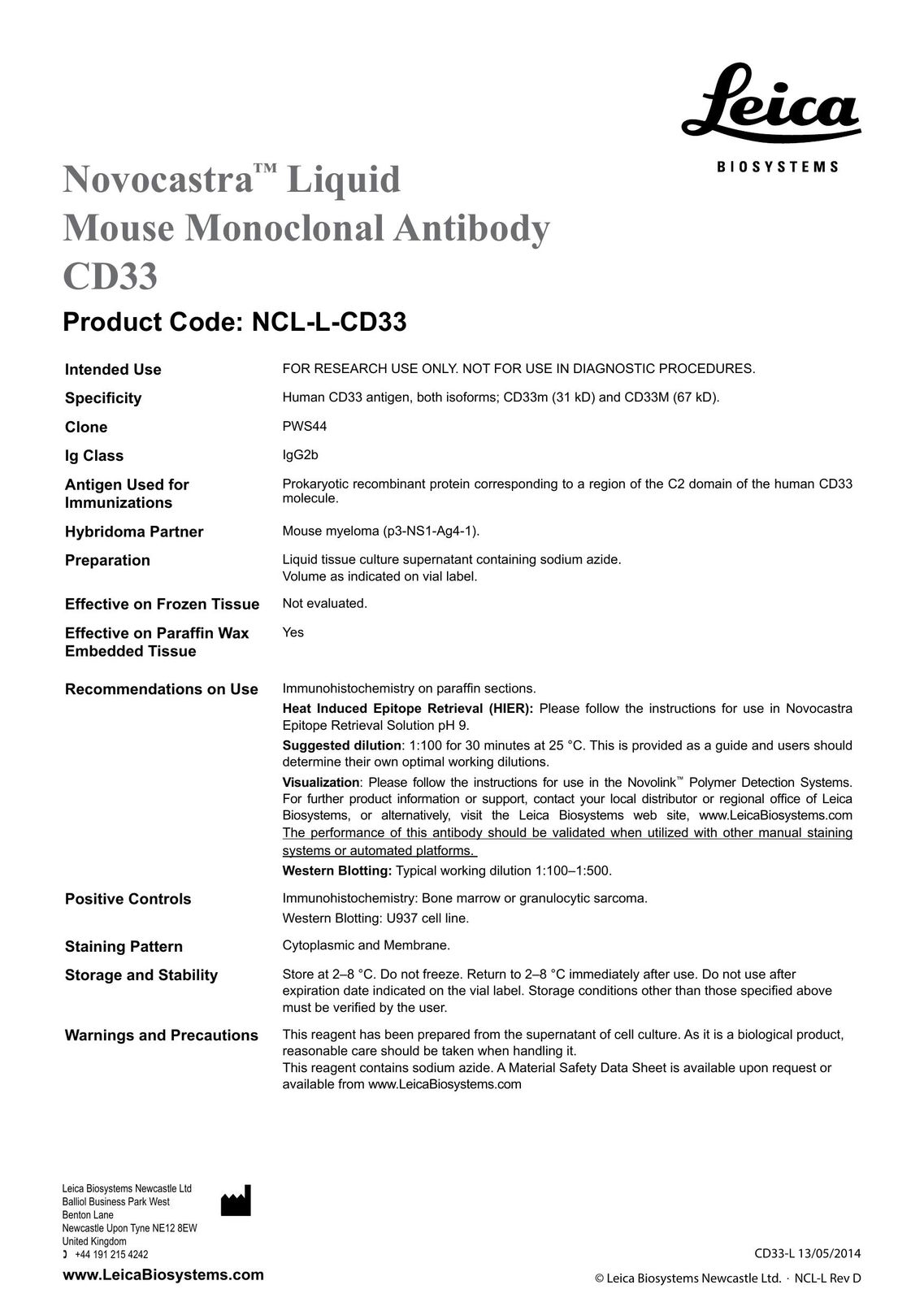 Leica NCL-L-CD33 Mouse User Manual