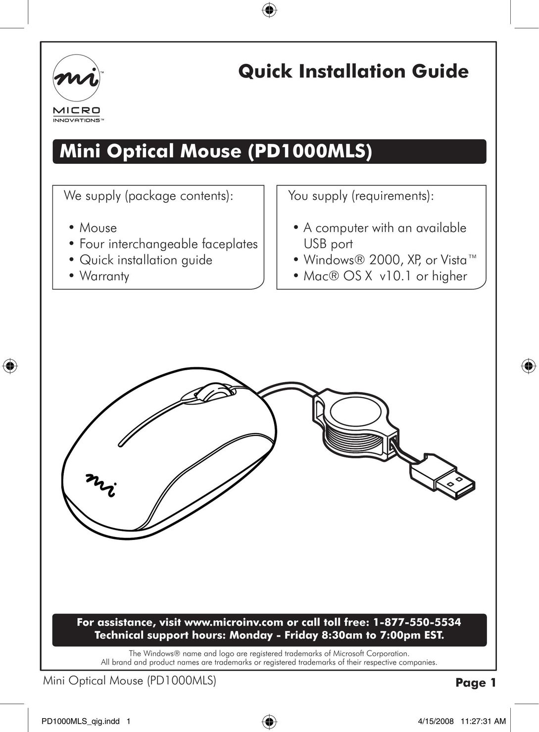 Micro Innovations PD1000MLS Mouse User Manual