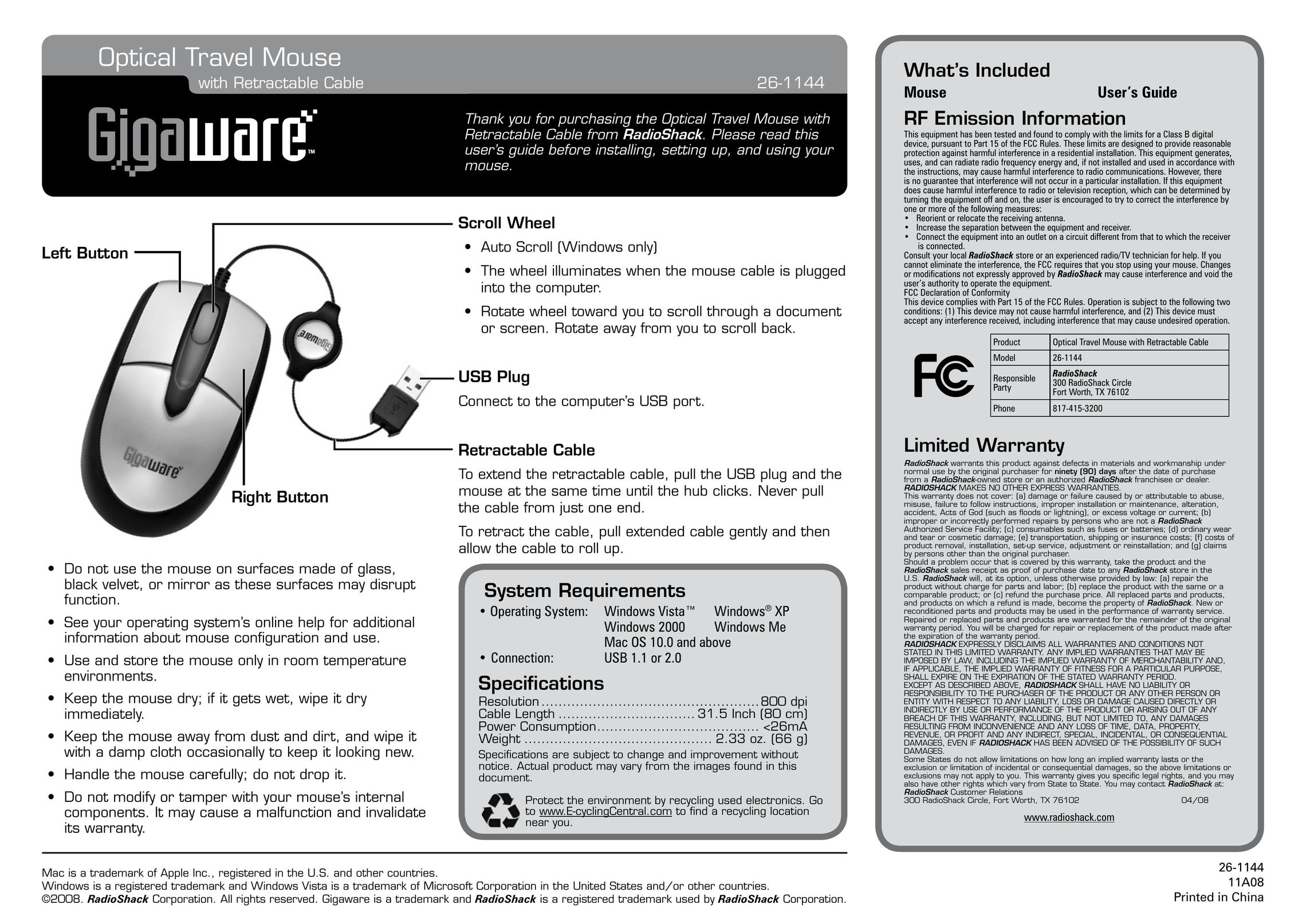Radio Shack 26-1144 Mouse User Manual