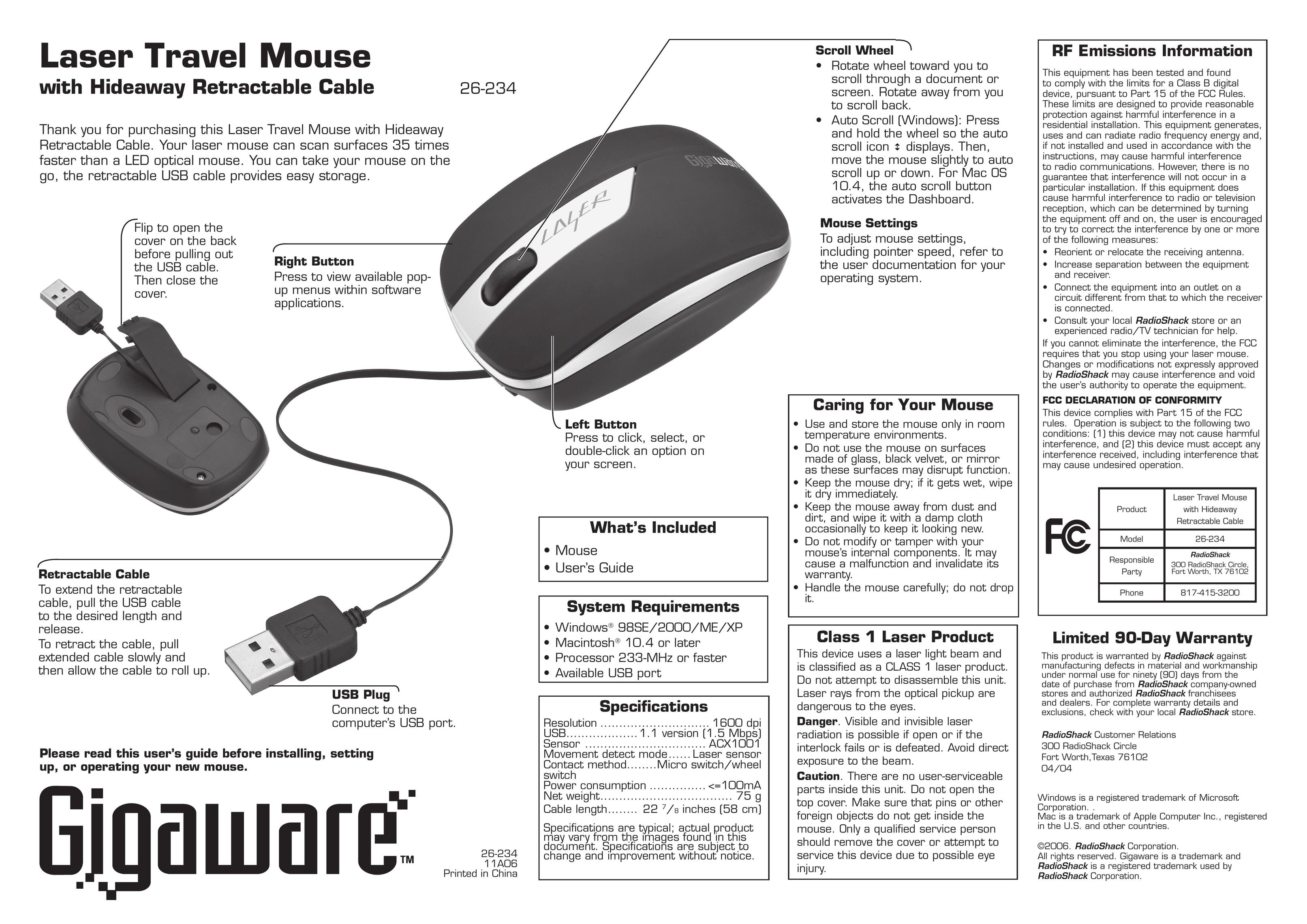 Radio Shack 26-234 Mouse User Manual