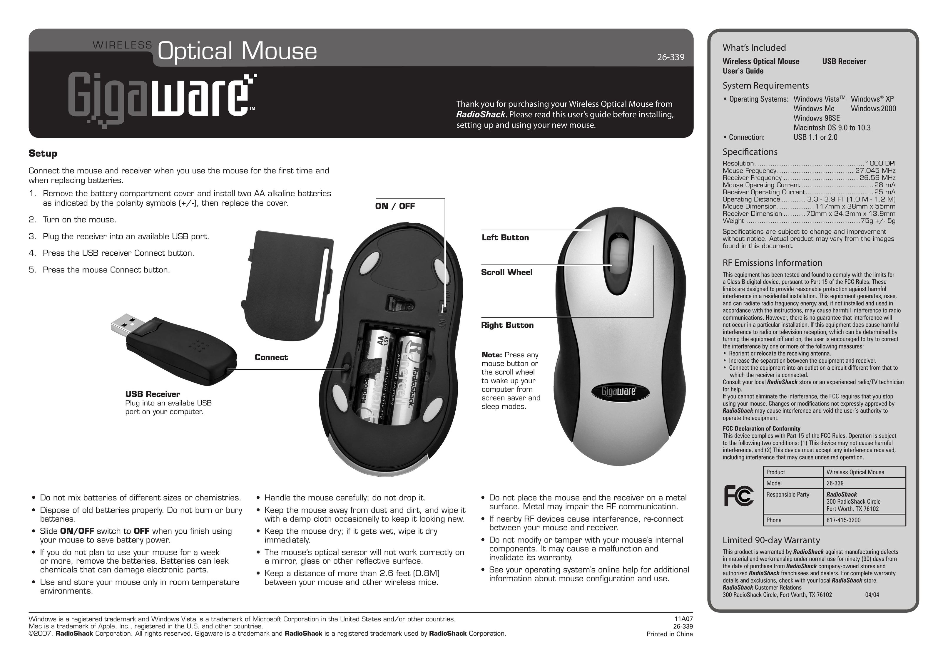 Radio Shack 26-339 Mouse User Manual