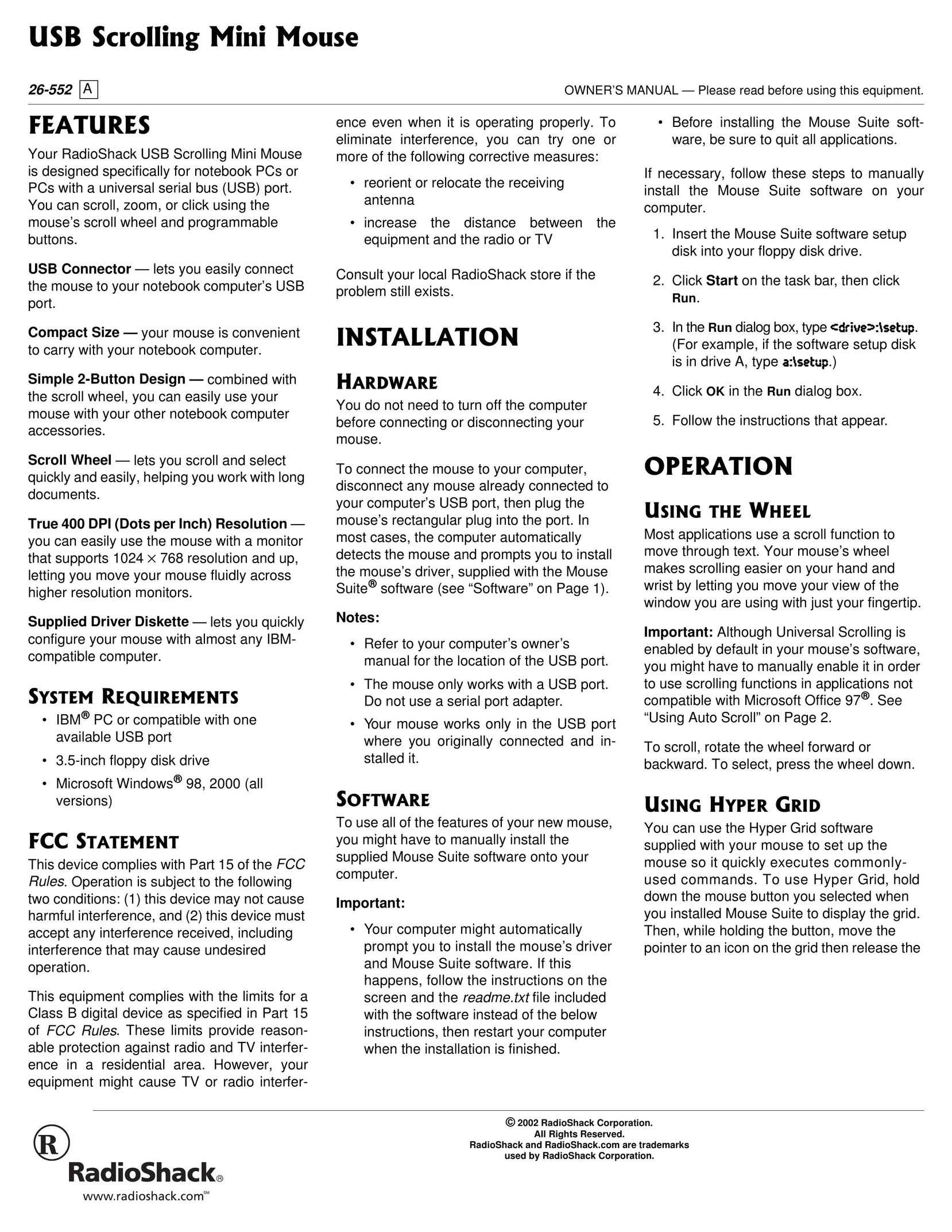 Radio Shack 26-552 A Mouse User Manual