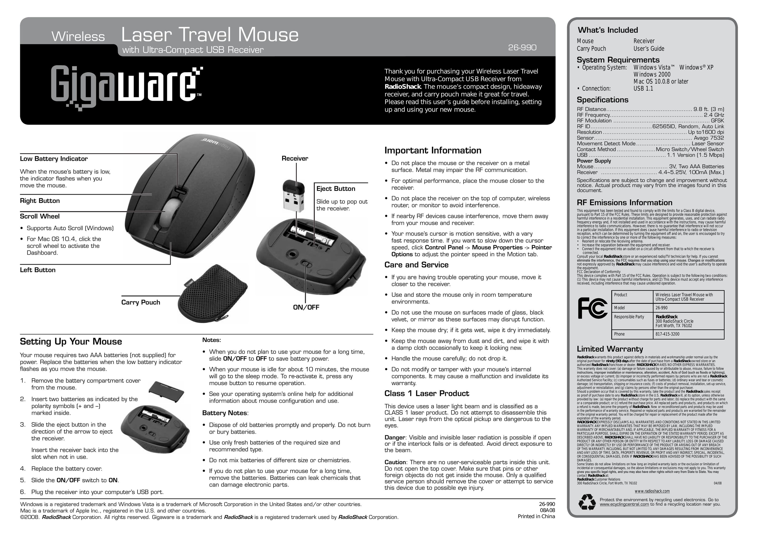 Radio Shack 26-990 Mouse User Manual