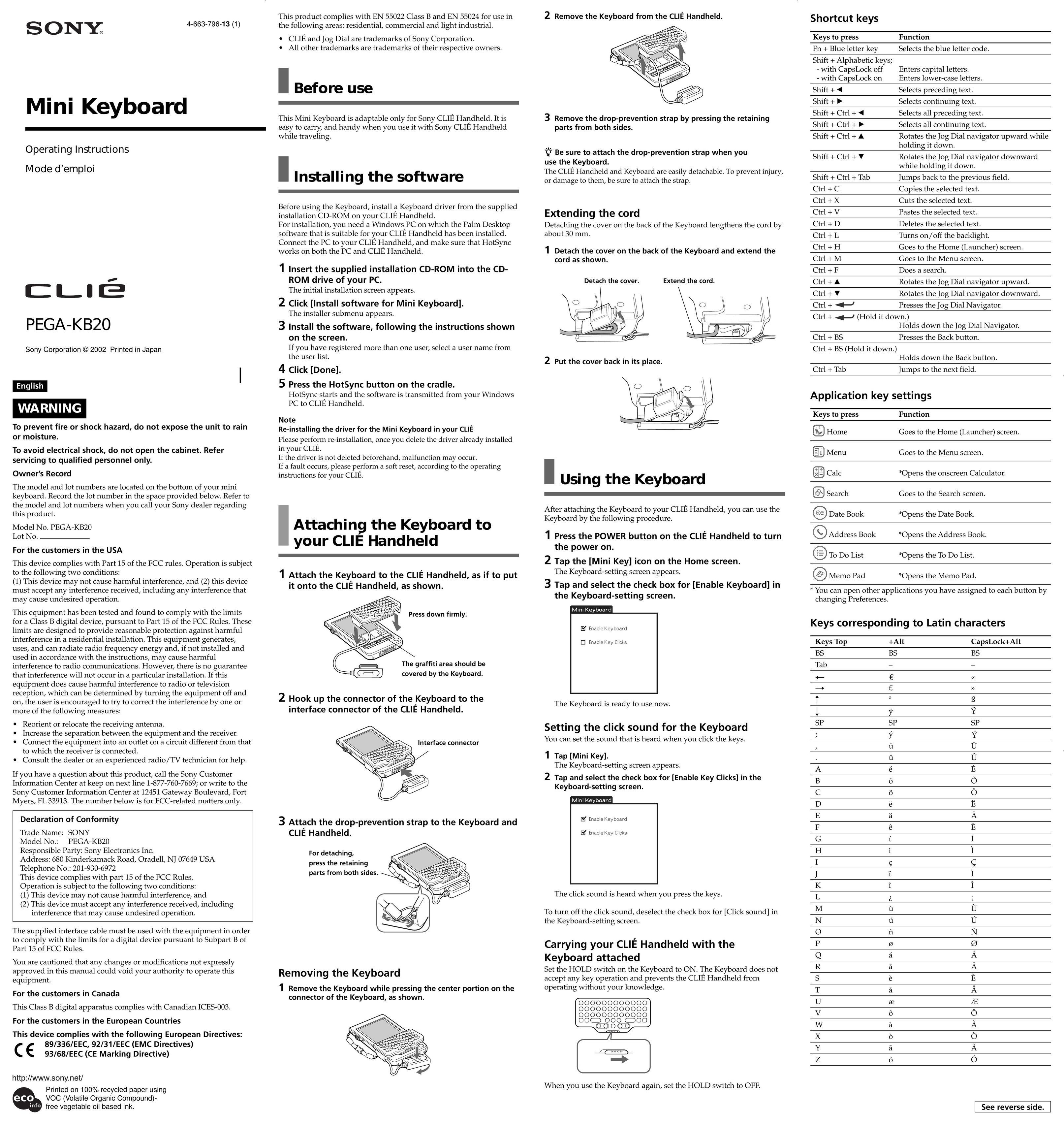 Sony PEGA-KB20 Mouse User Manual
