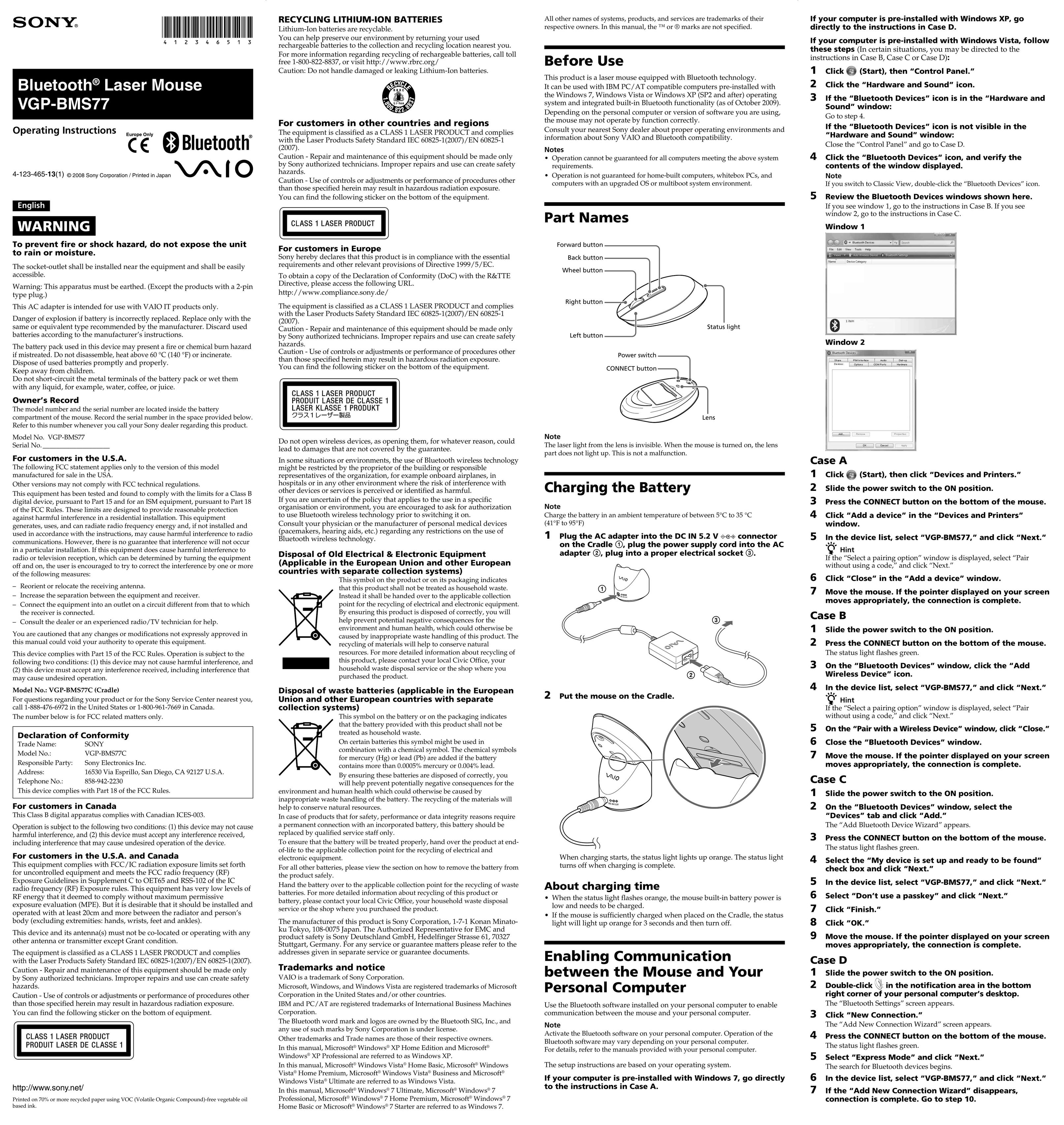 Sony VGP-BMS77 Mouse User Manual