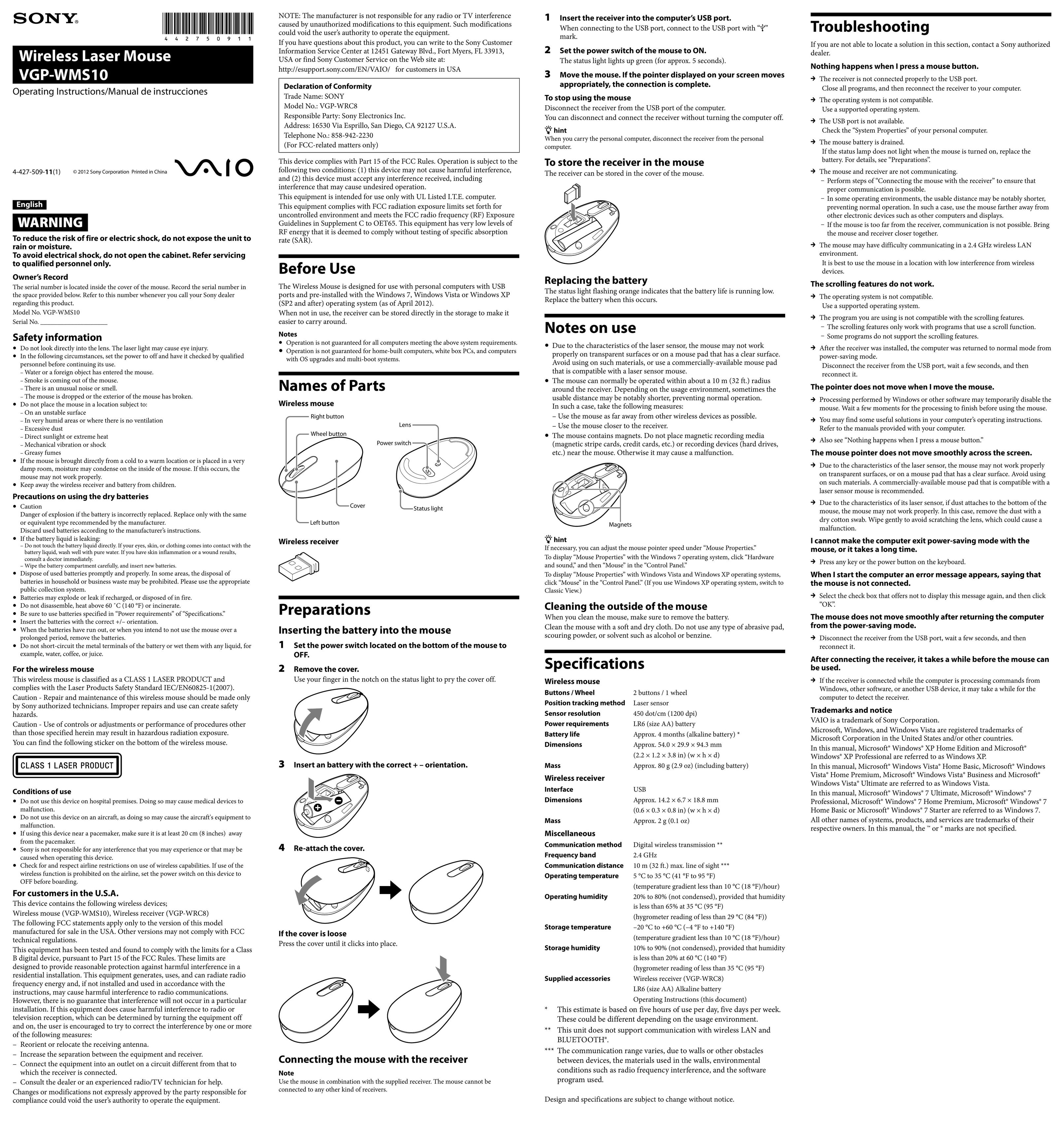 Sony VGPWMS10W Mouse User Manual