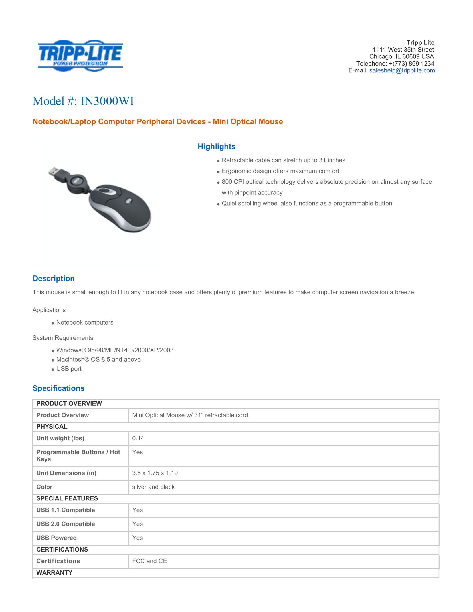 Tripp Lite IN3000WI Mouse User Manual