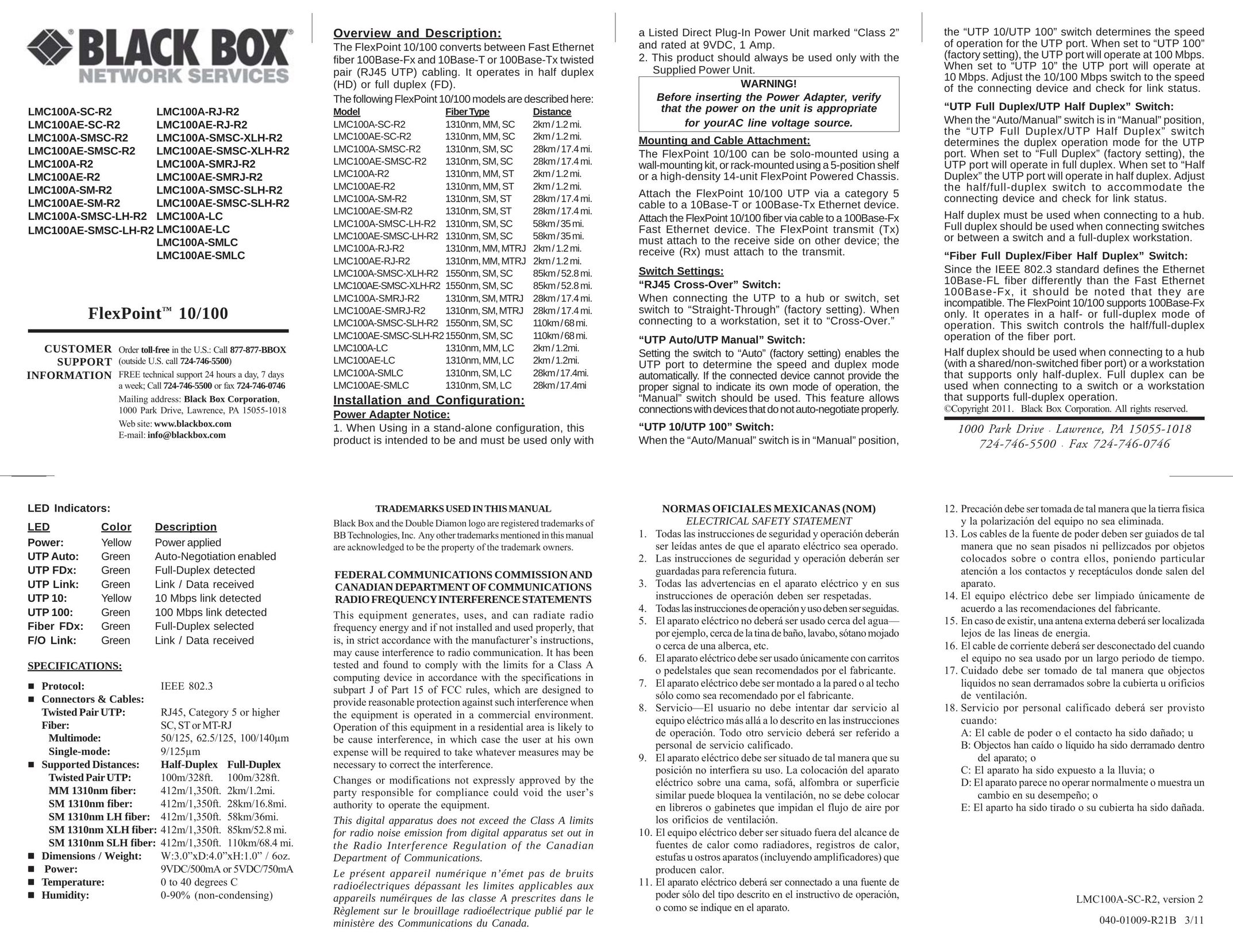 Black Box Flexpoint 10/100 Network Cables User Manual