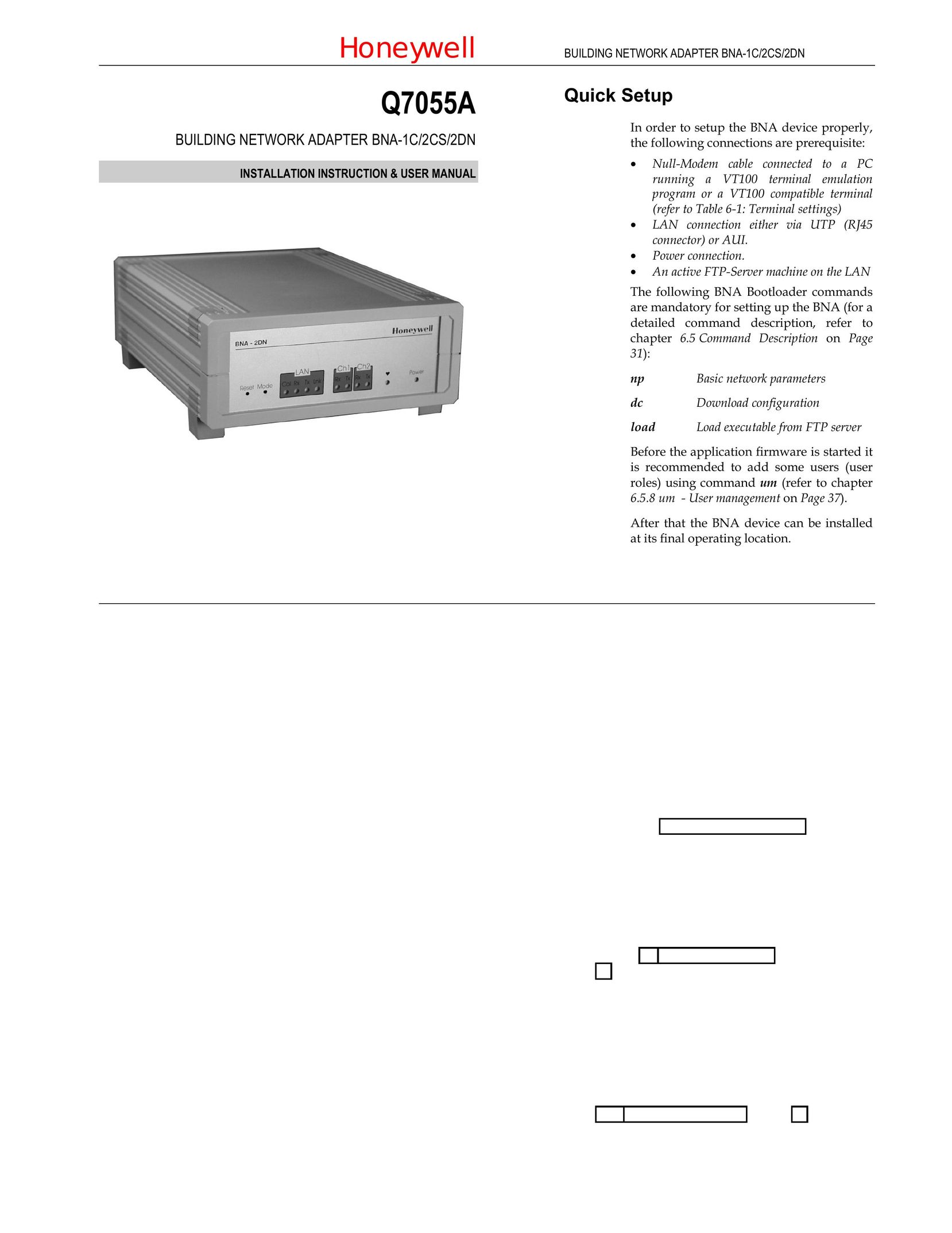 Honeywell Q7055A Network Cables User Manual