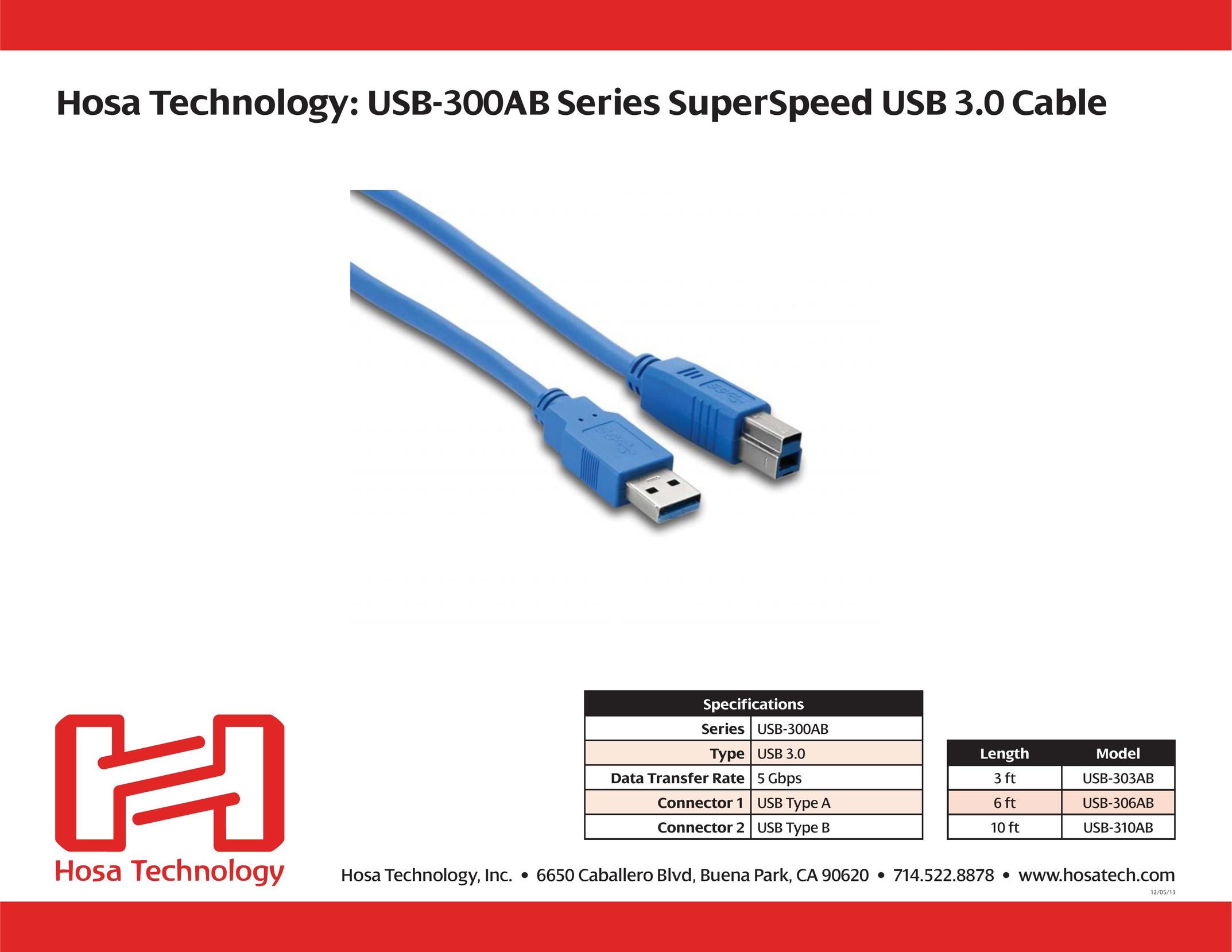 Hosa Technology 10 ft USB-310AB Network Cables User Manual