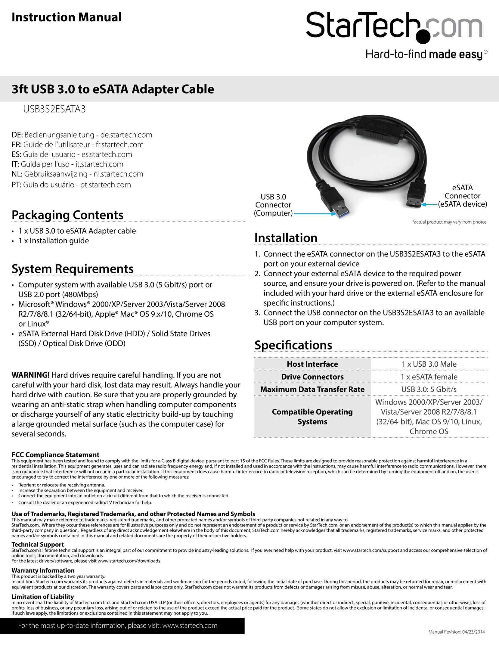 StarTech.com USB3S2ESATA3 Network Cables User Manual