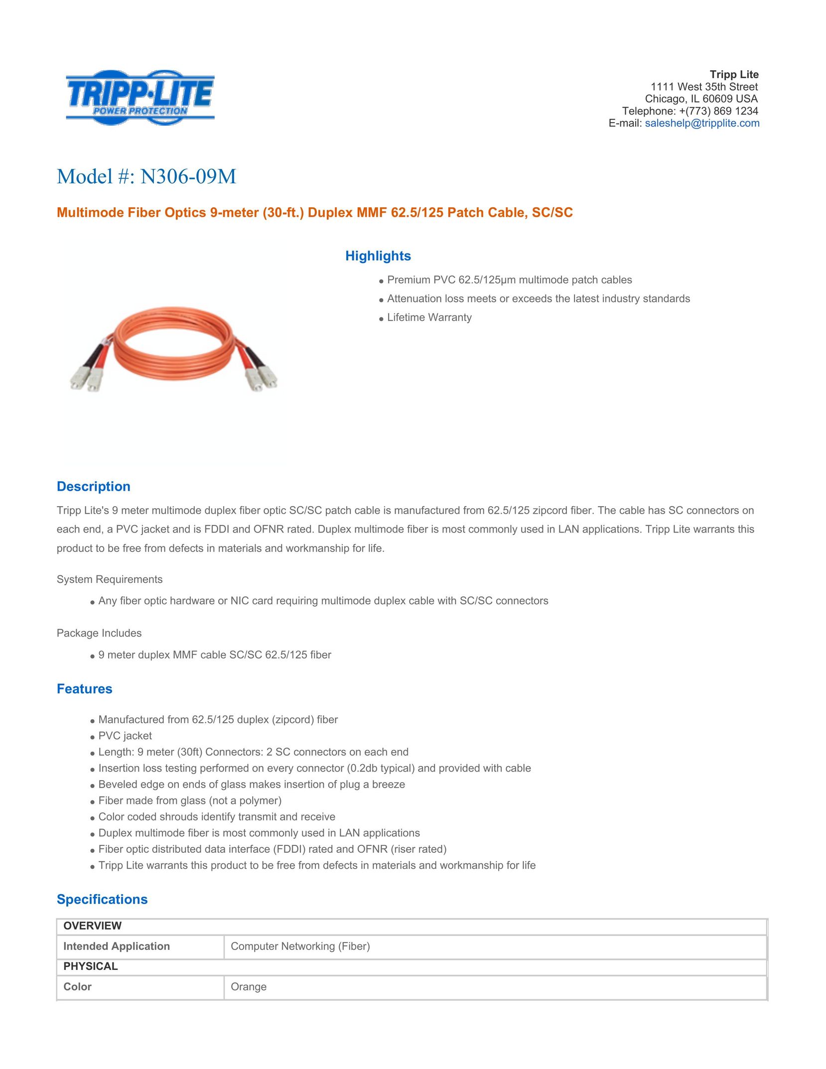 Tripp Lite 306-09M Network Cables User Manual