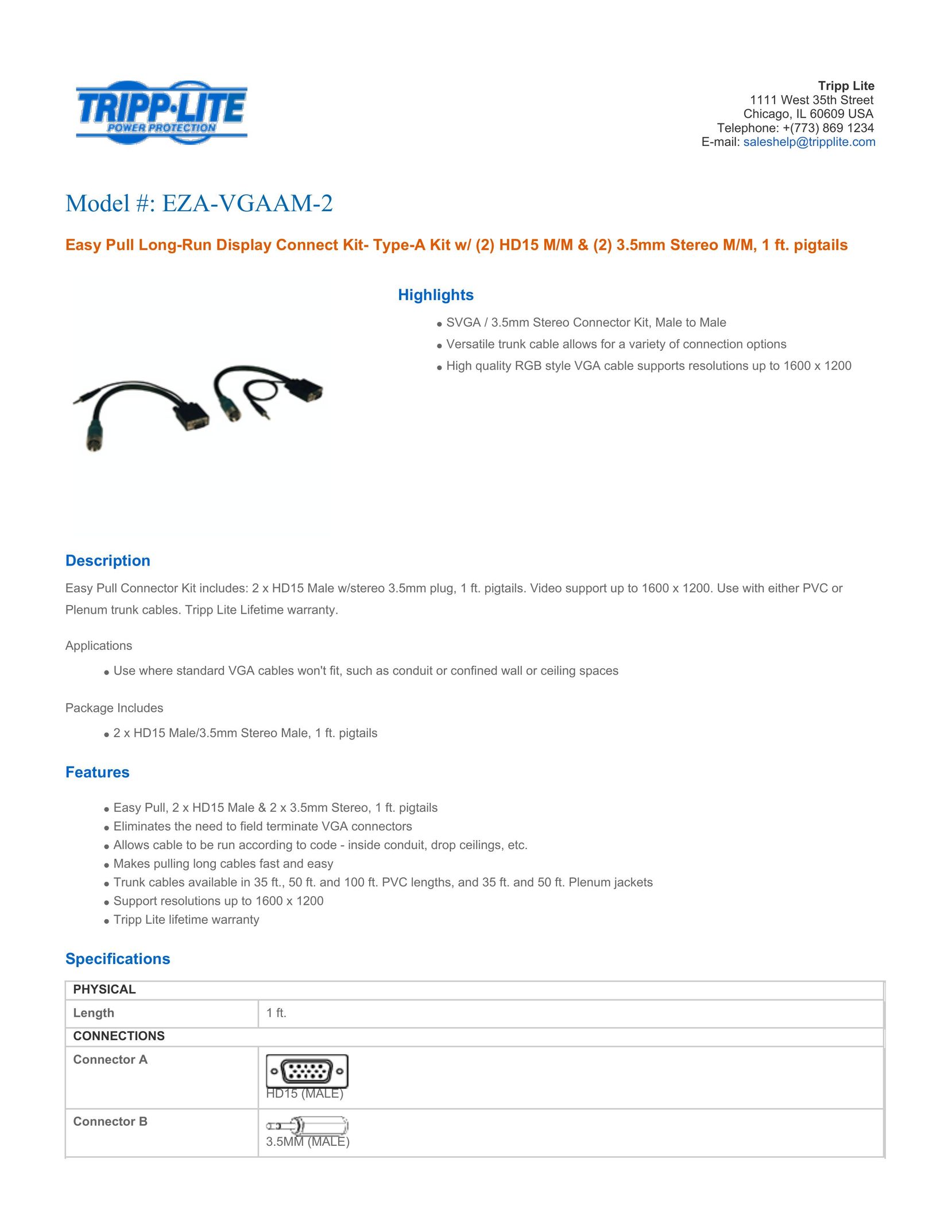 Tripp Lite EZA-VGAAM-2 Network Cables User Manual