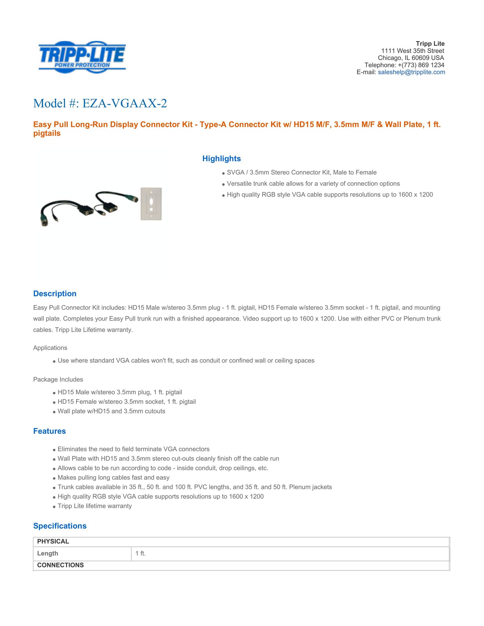 Tripp Lite EZA-VGAAX-2 Network Cables User Manual
