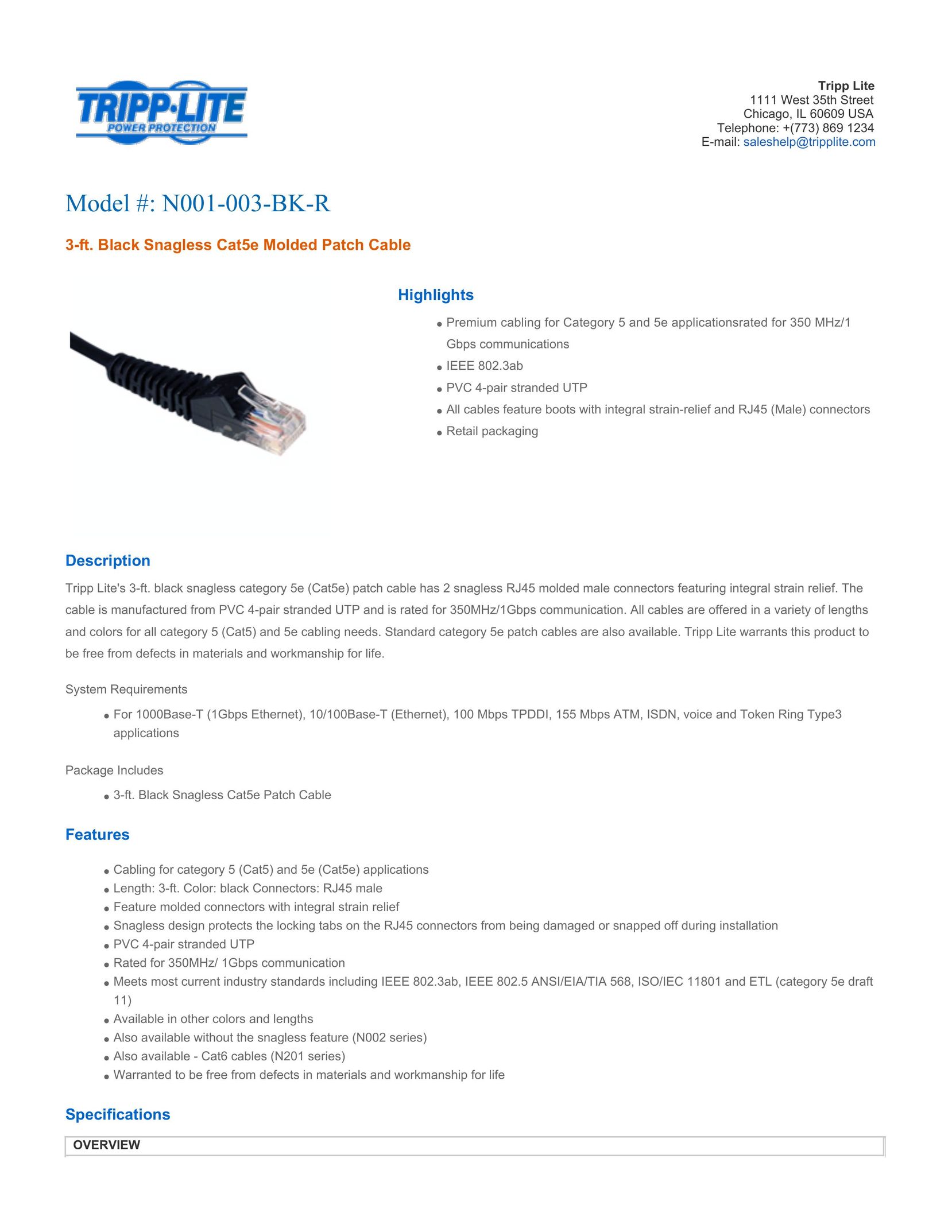 Tripp Lite N001-003-BK-R Network Cables User Manual