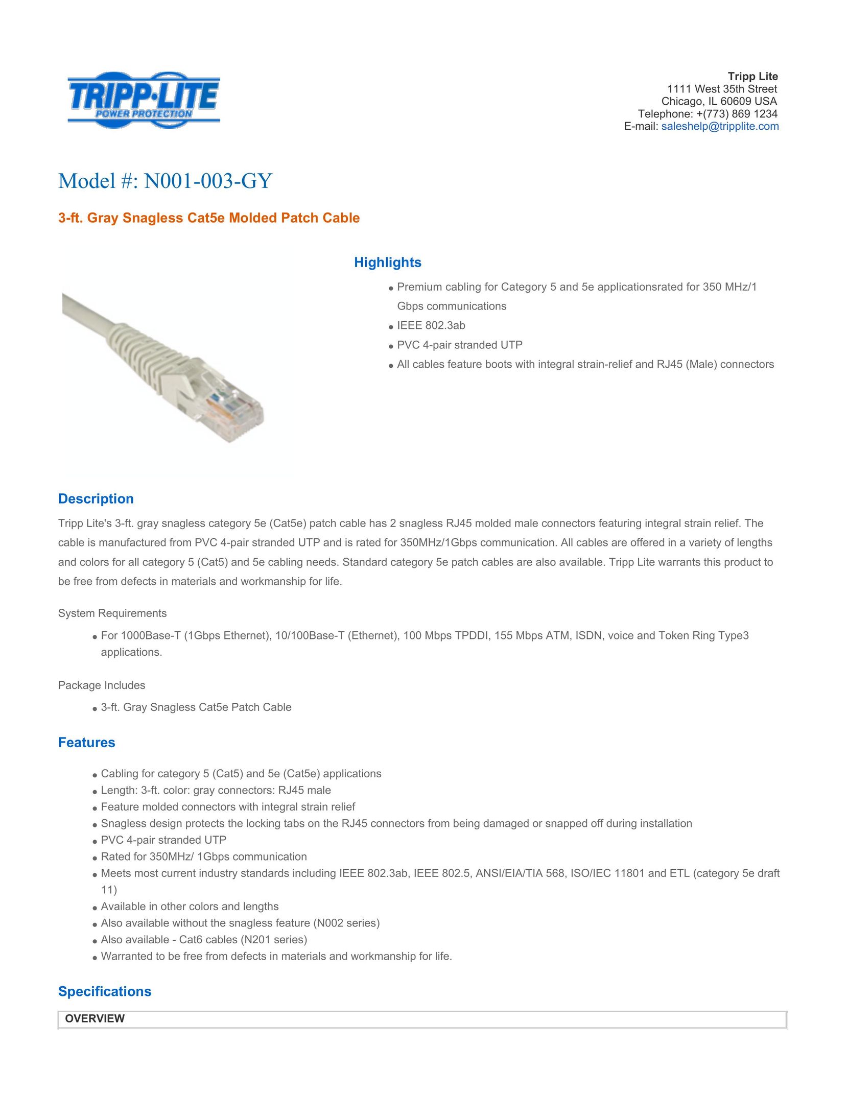 Tripp Lite N001-003-GY Network Cables User Manual