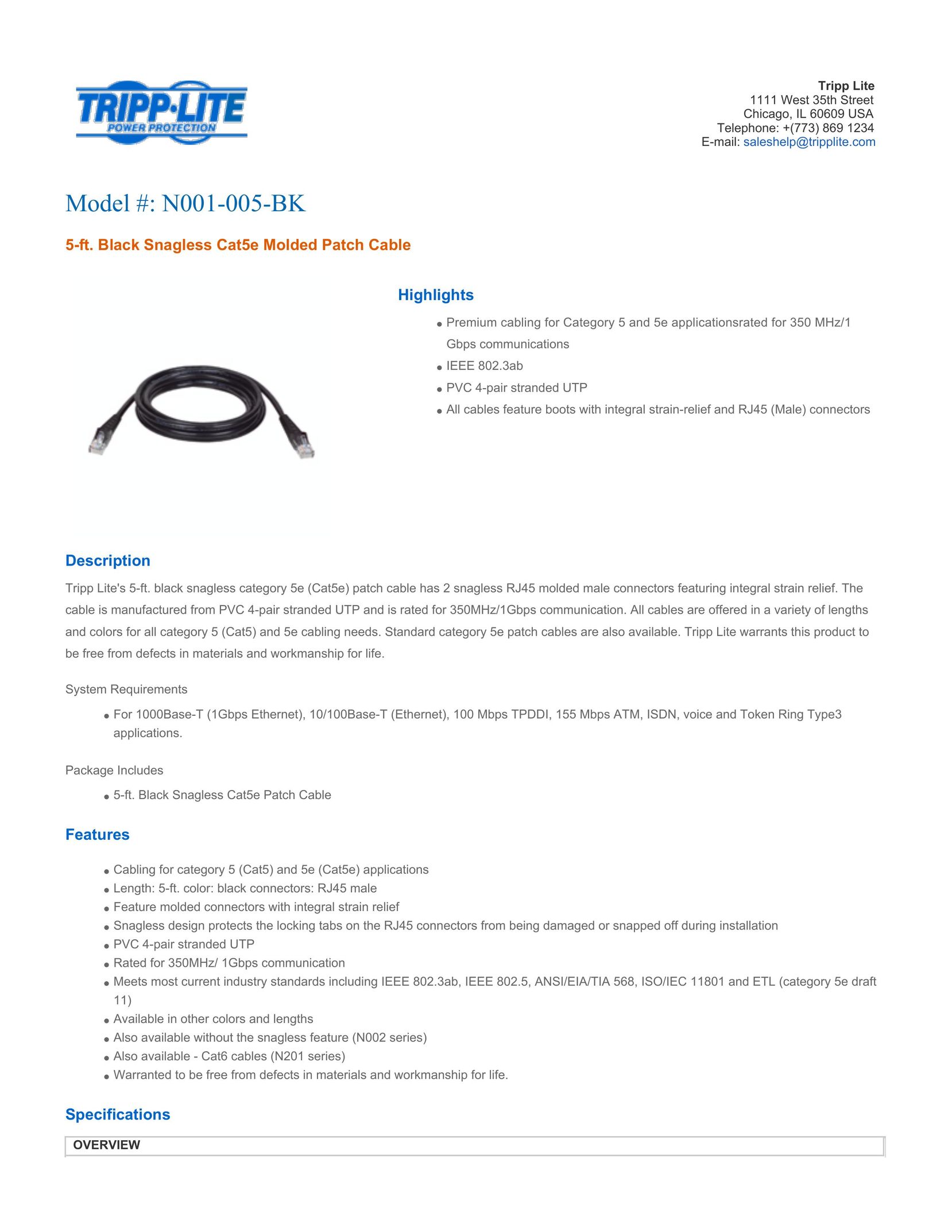 Tripp Lite N001-005-BK Network Cables User Manual