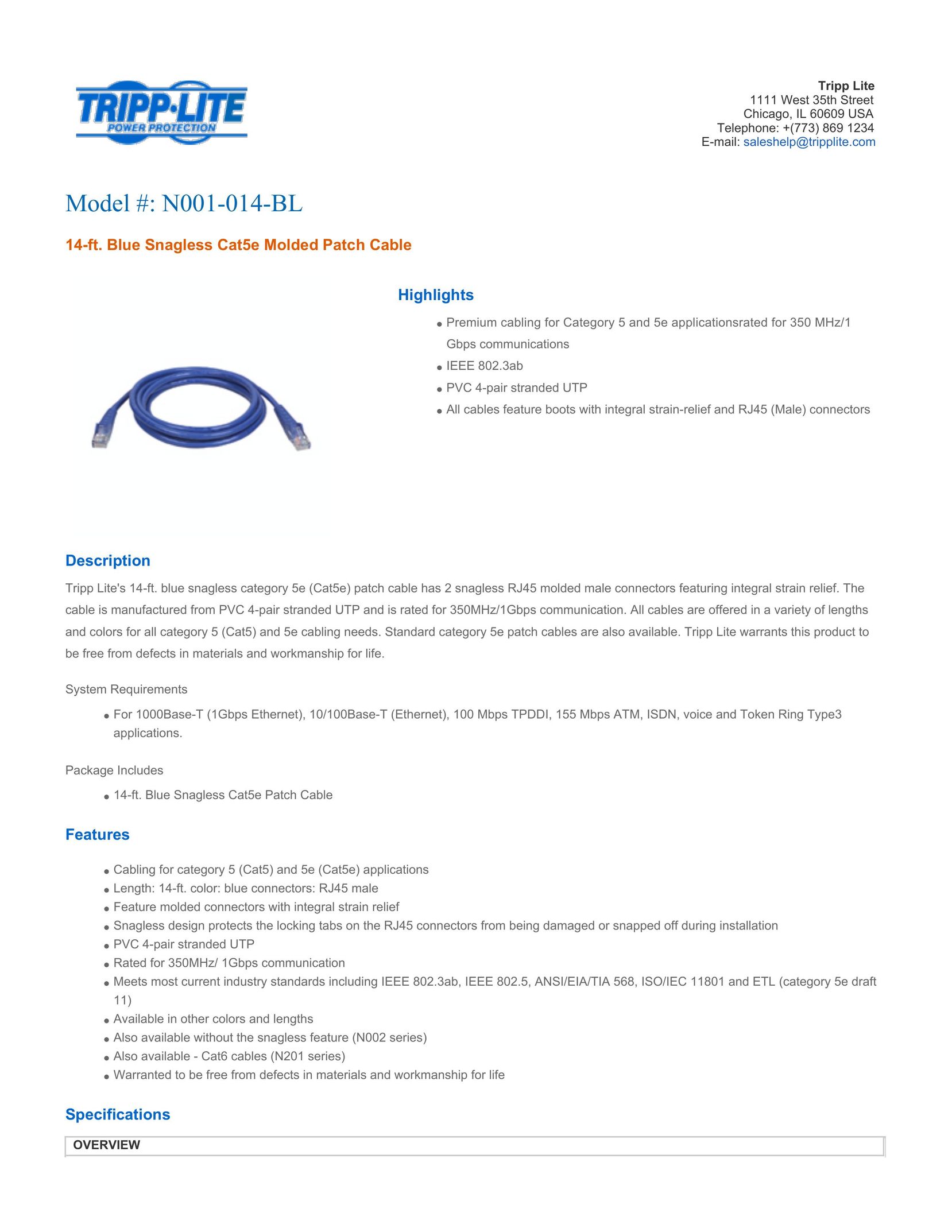 Tripp Lite N001-014-BL Network Cables User Manual
