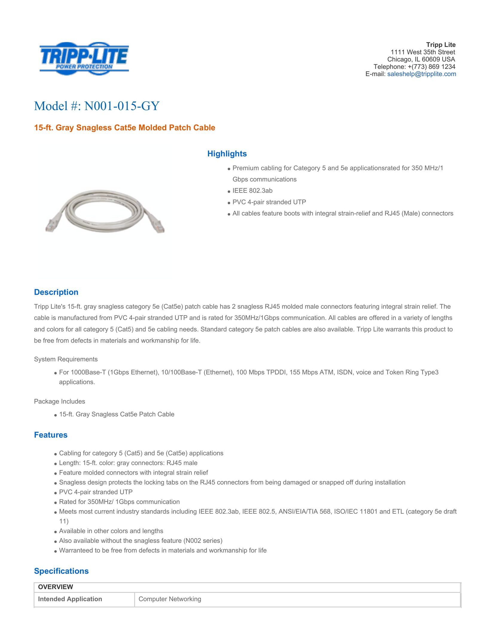 Tripp Lite N001-015-GY Network Cables User Manual