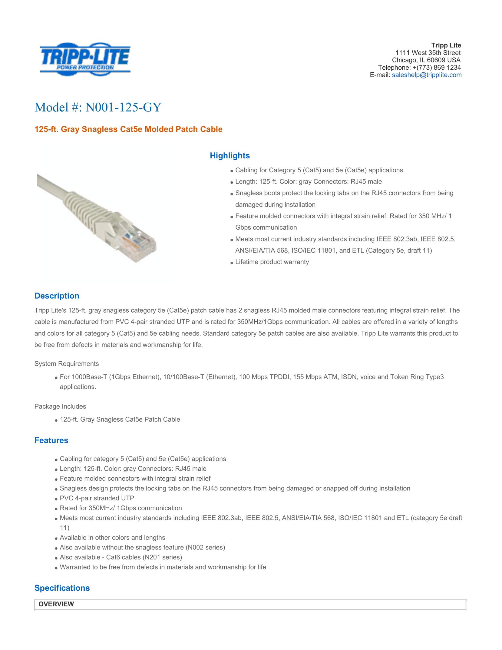 Tripp Lite N001-125-GY Network Cables User Manual